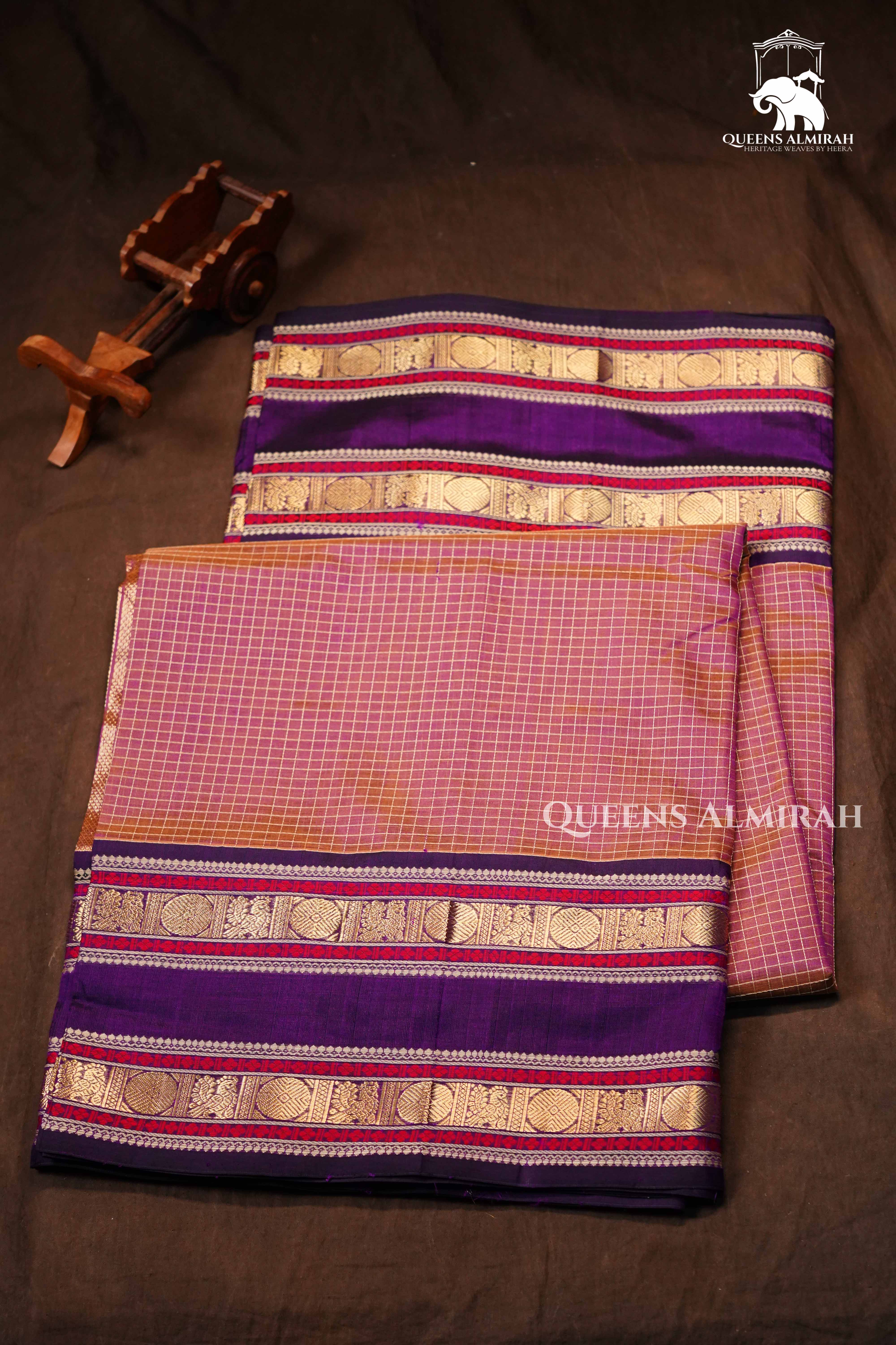 Pastel Pink With Dark Purple - Karaikudi Chettinad Silk Cotton Saree