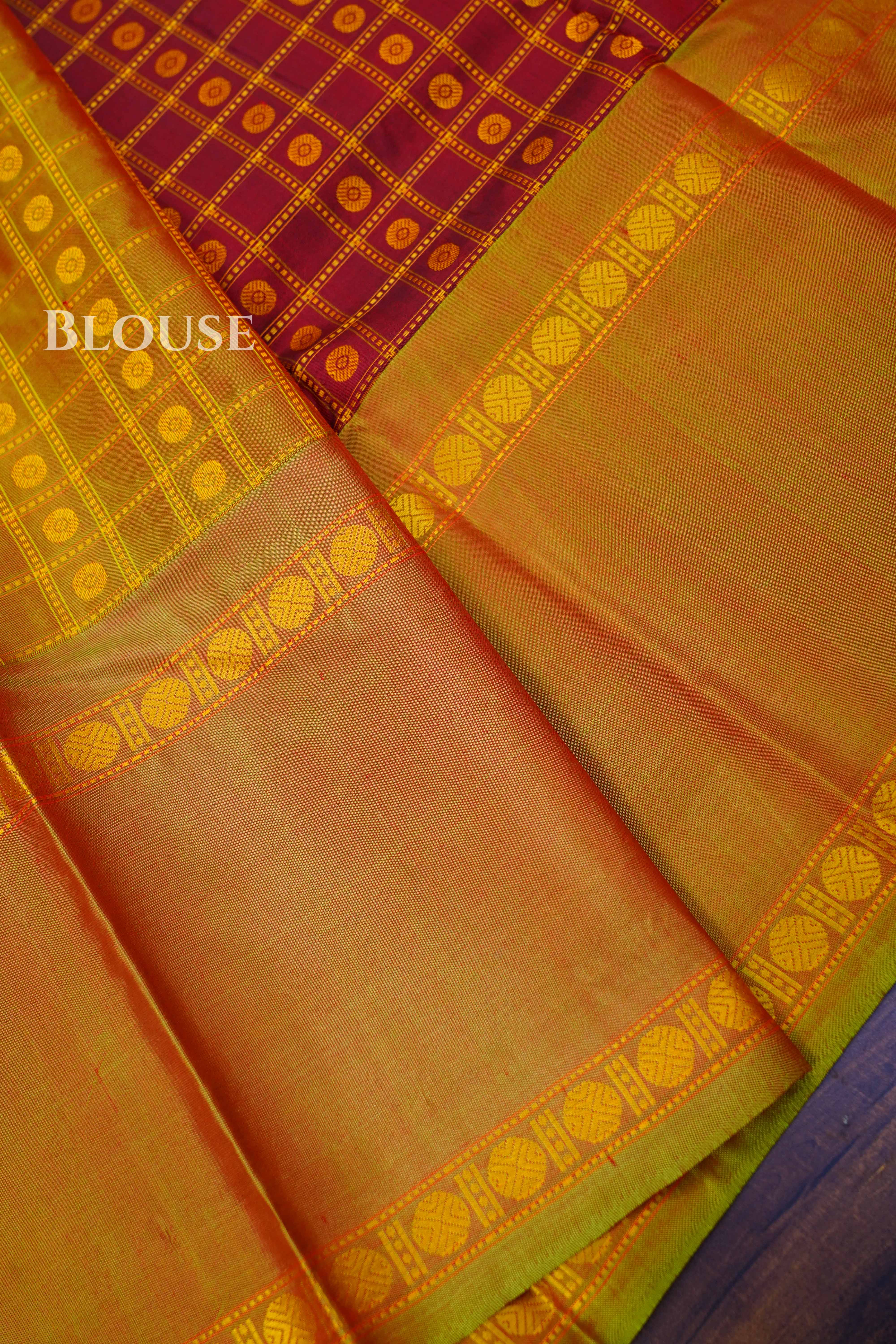 Kumkum Red With Greenish Yellow Pure Kanchivaram Silk Saree
