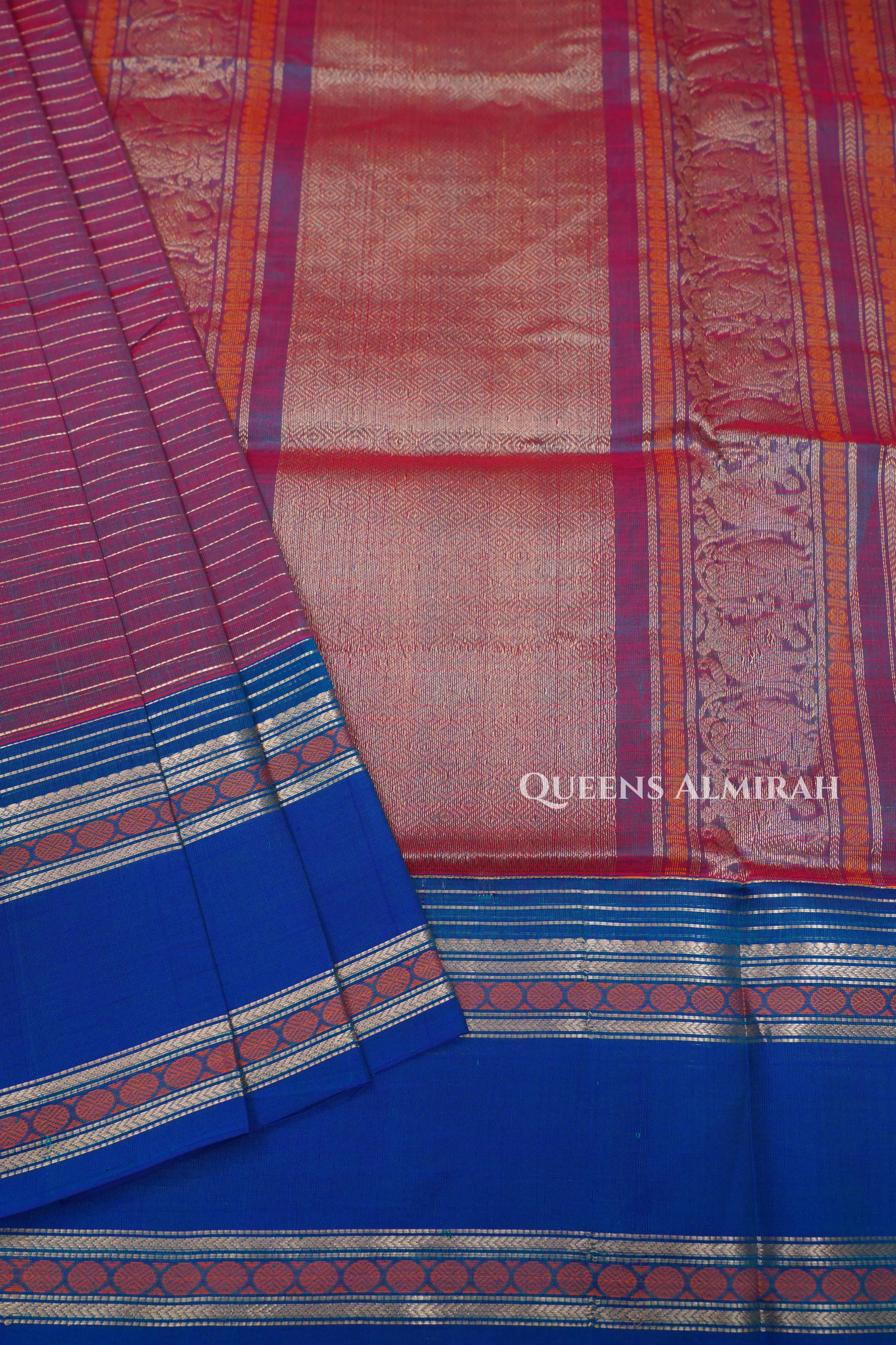 Wine Red With Blue Karaikudi Chettinad Silk Cotton Saree