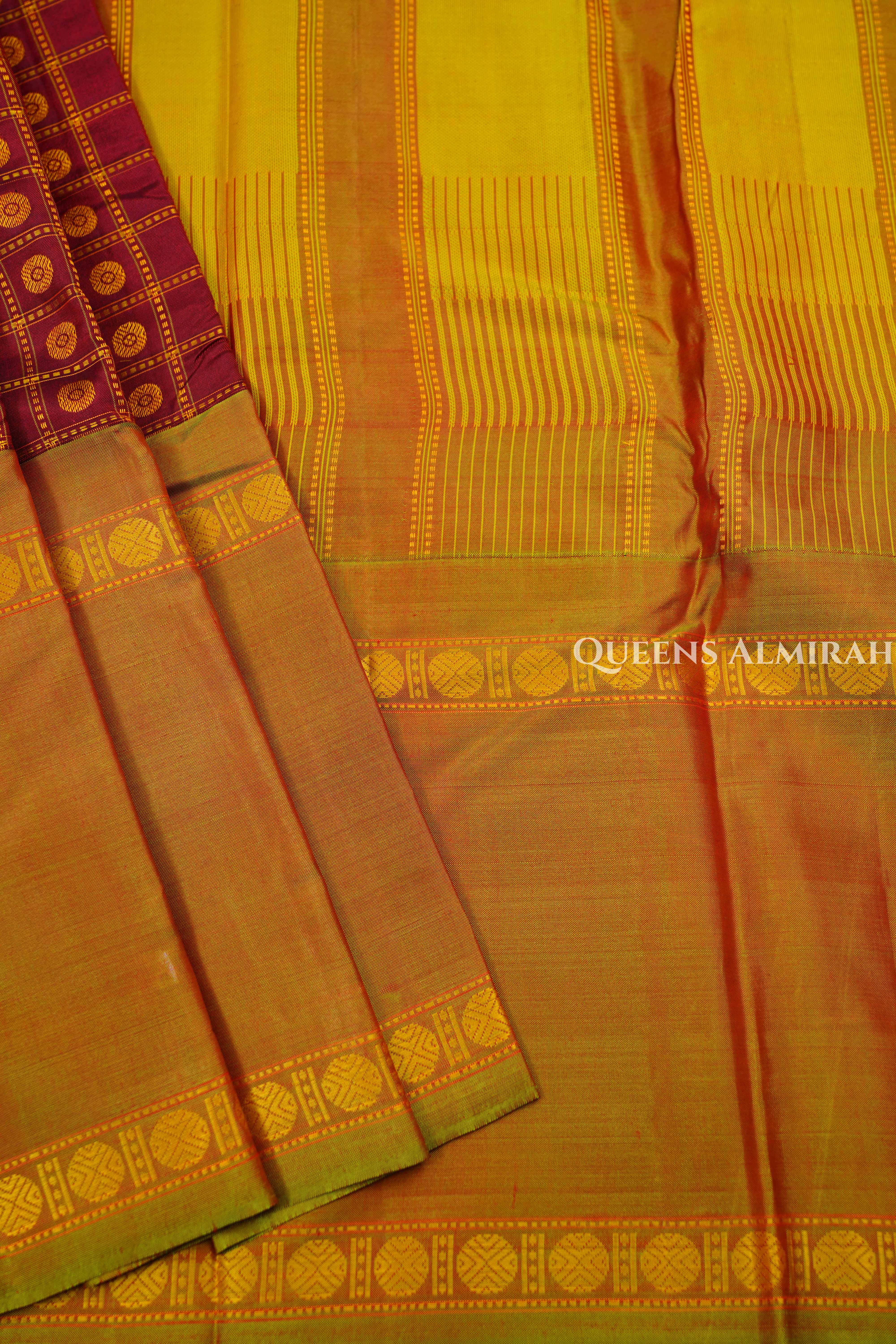 Kumkum Red With Greenish Yellow Pure Kanchivaram Silk Saree