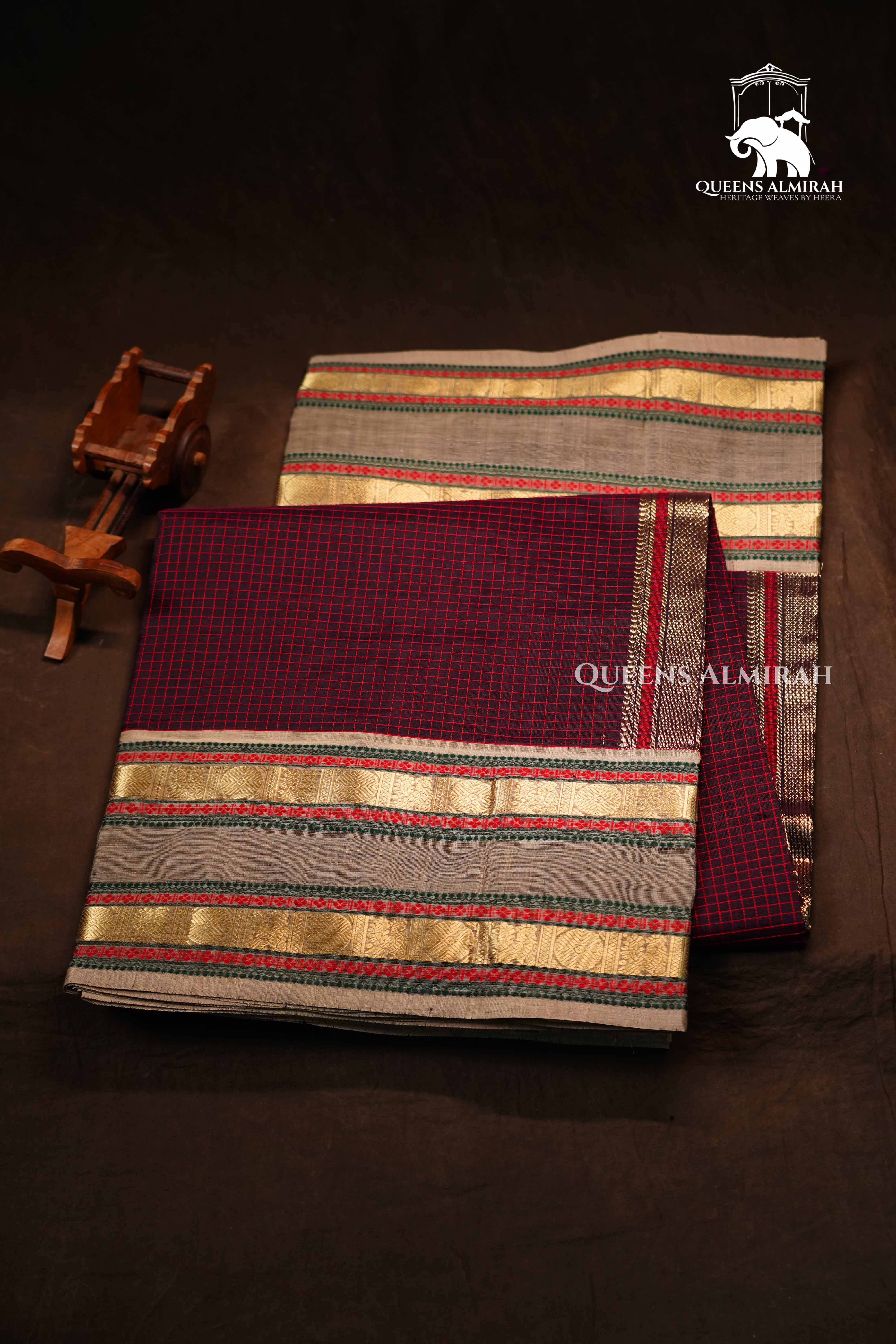 Maroon With Grey Karaikudi Chettinad Silk Cotton Saree