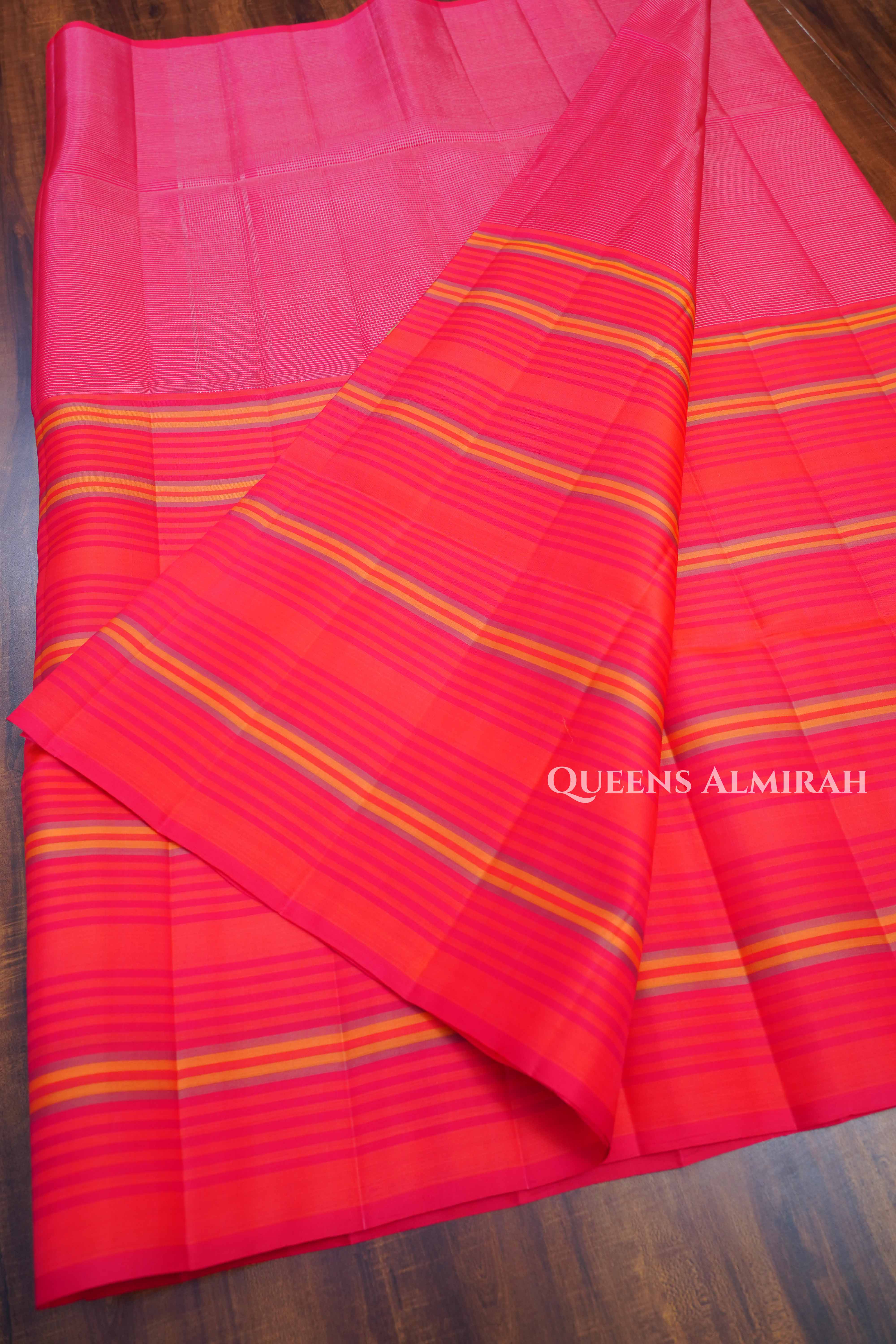 Tomato Red With Strips Pure Soft Silk Saree