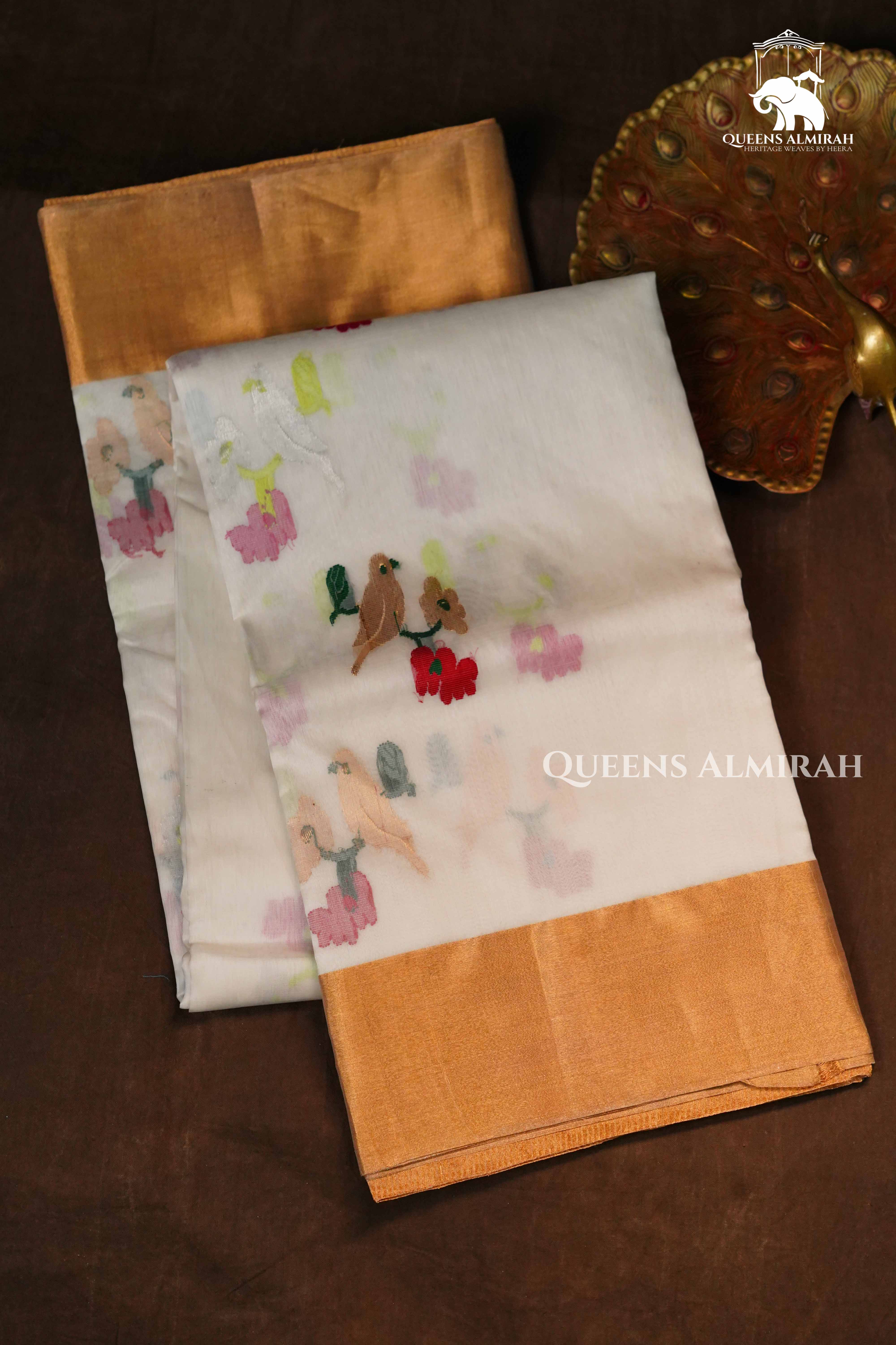 White Chanderi Katan Handloom Silk Saree