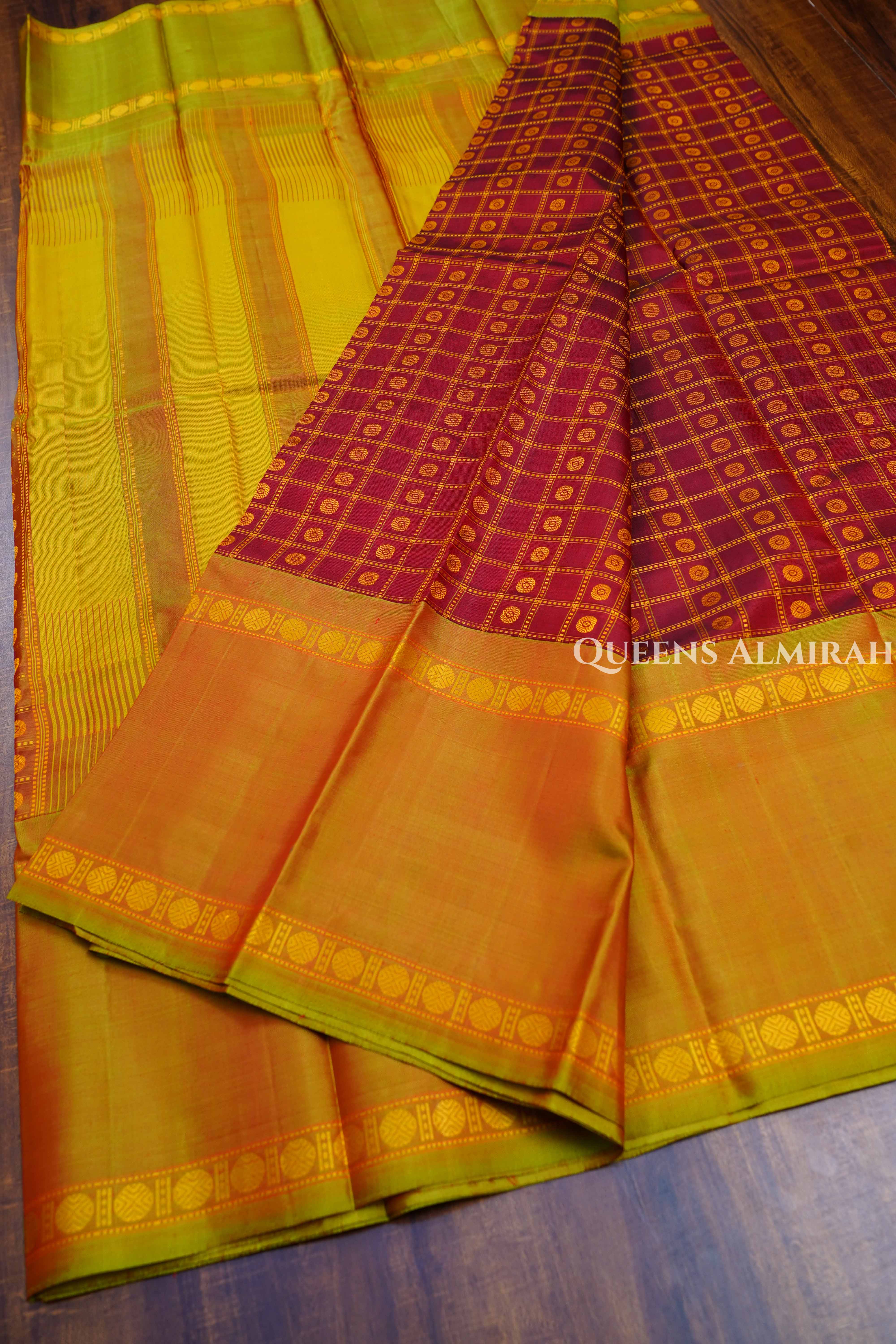 Kumkum Red With Greenish Yellow Pure Kanchivaram Silk Saree