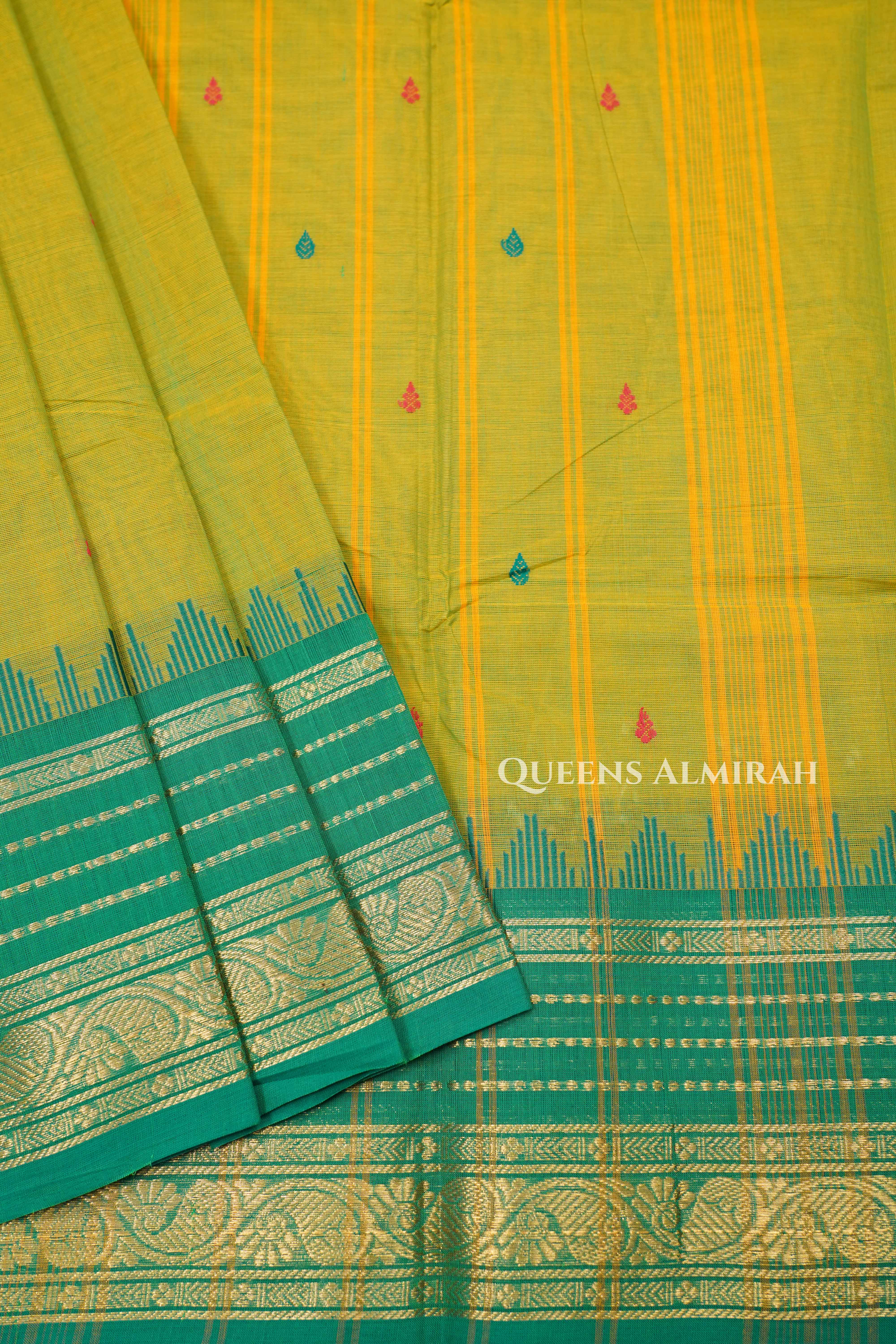 Yellow Green With Red Kanchi Cotton Saree