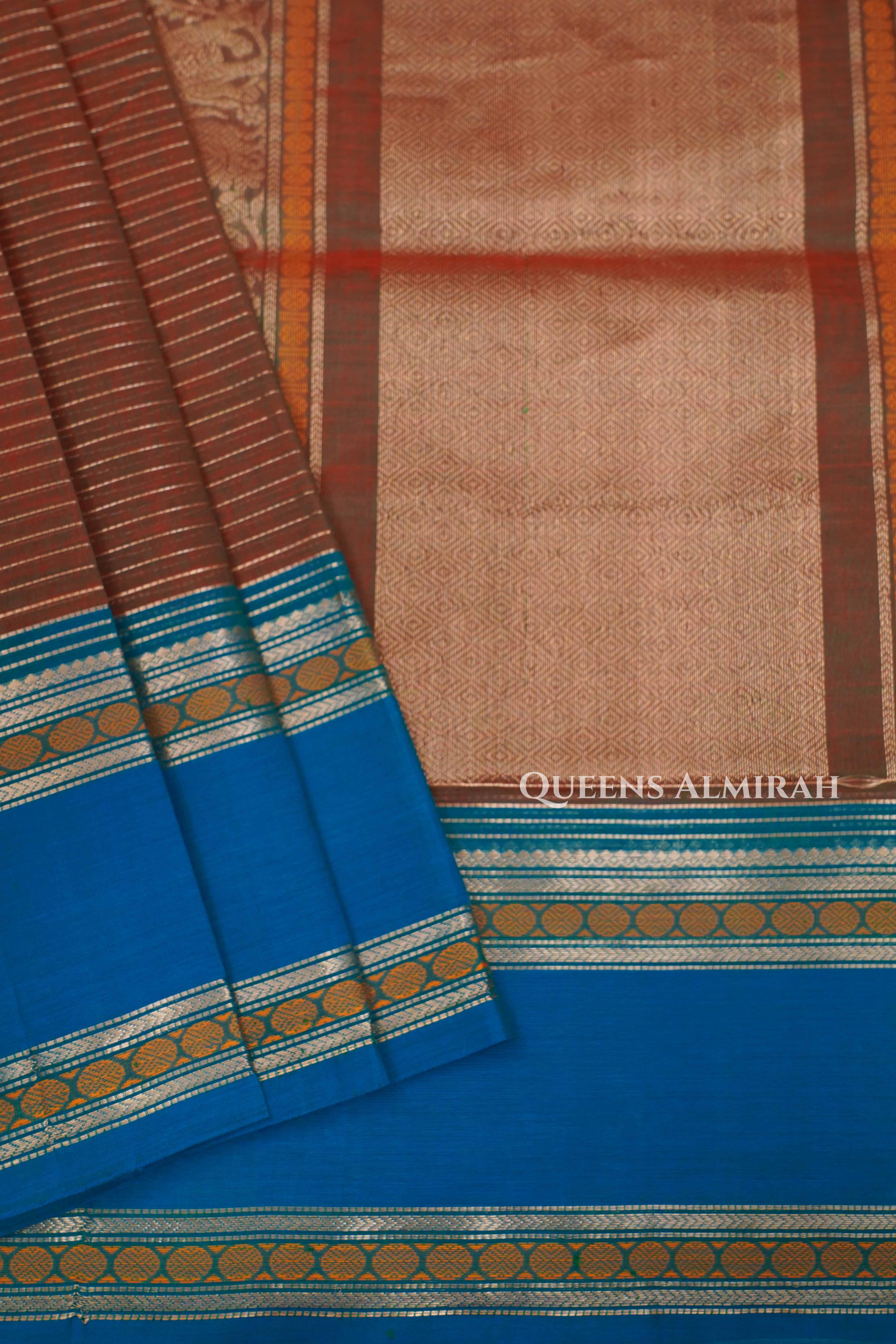 Reddish Brown With Blue Karaikudi Chettinad Silk Cotton Saree