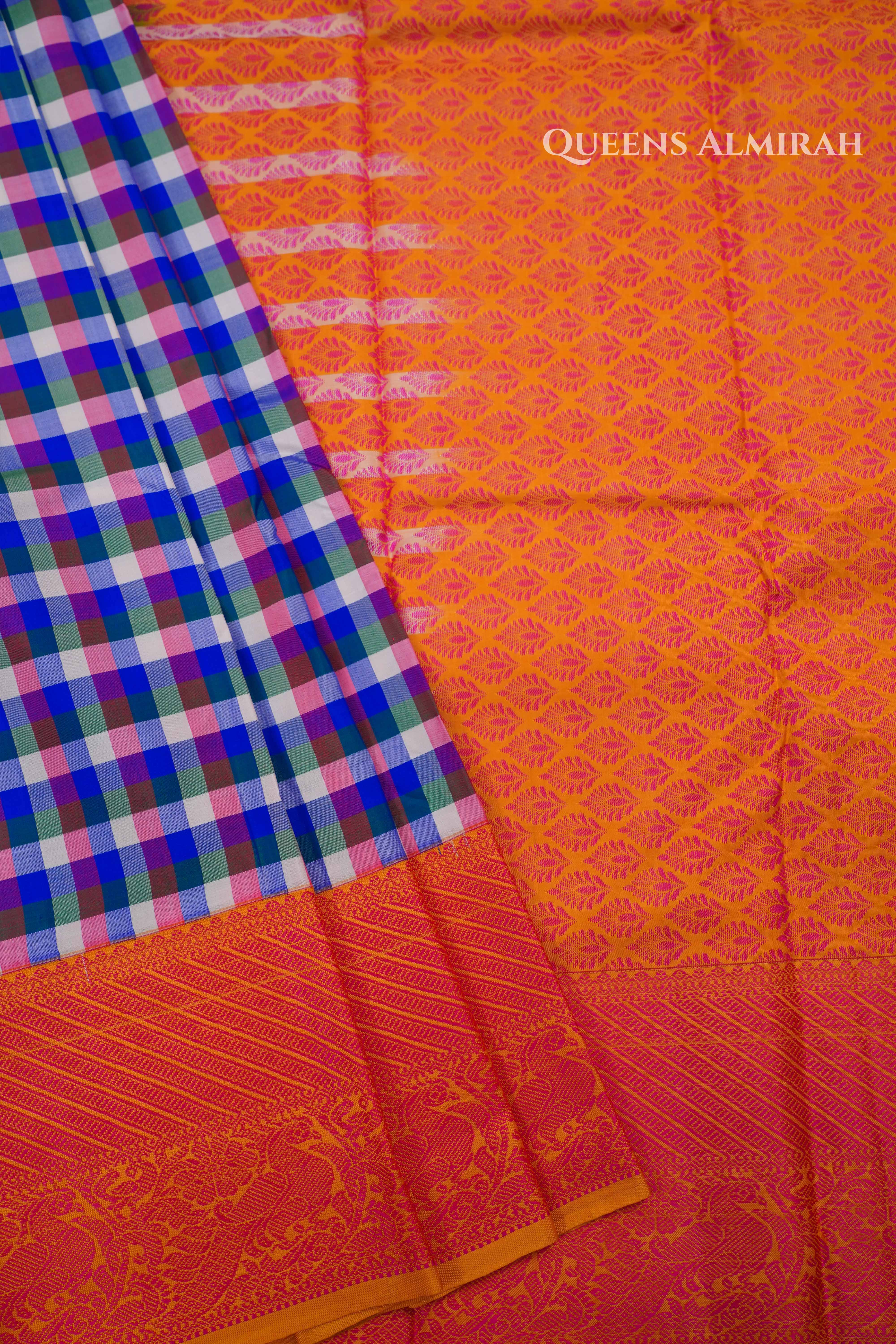 White With Blue Checks Kuravanji Silk Saree