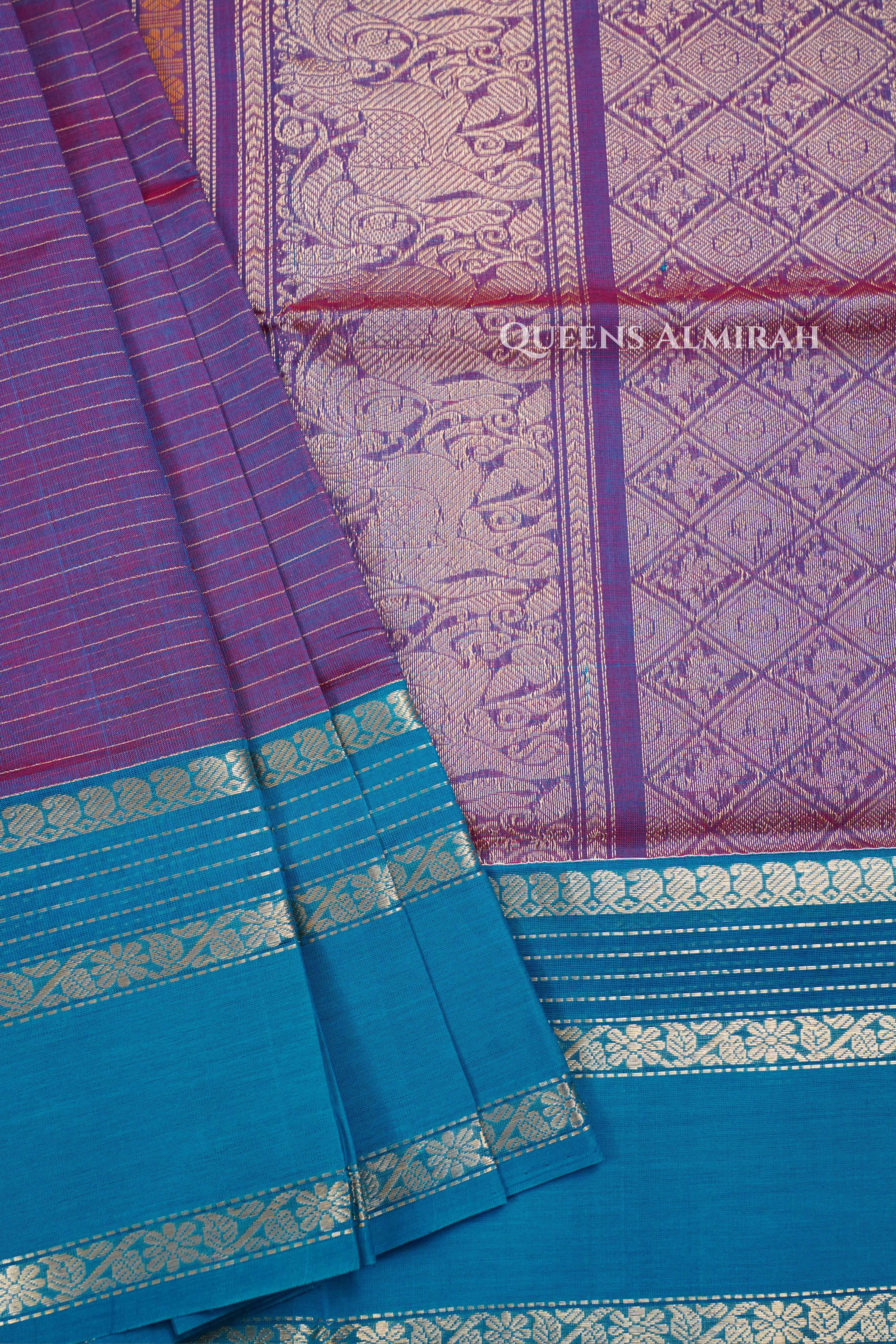 Pastel Purple With Sea Blue -Karaikudi Chettinad Silk Cotton Saree