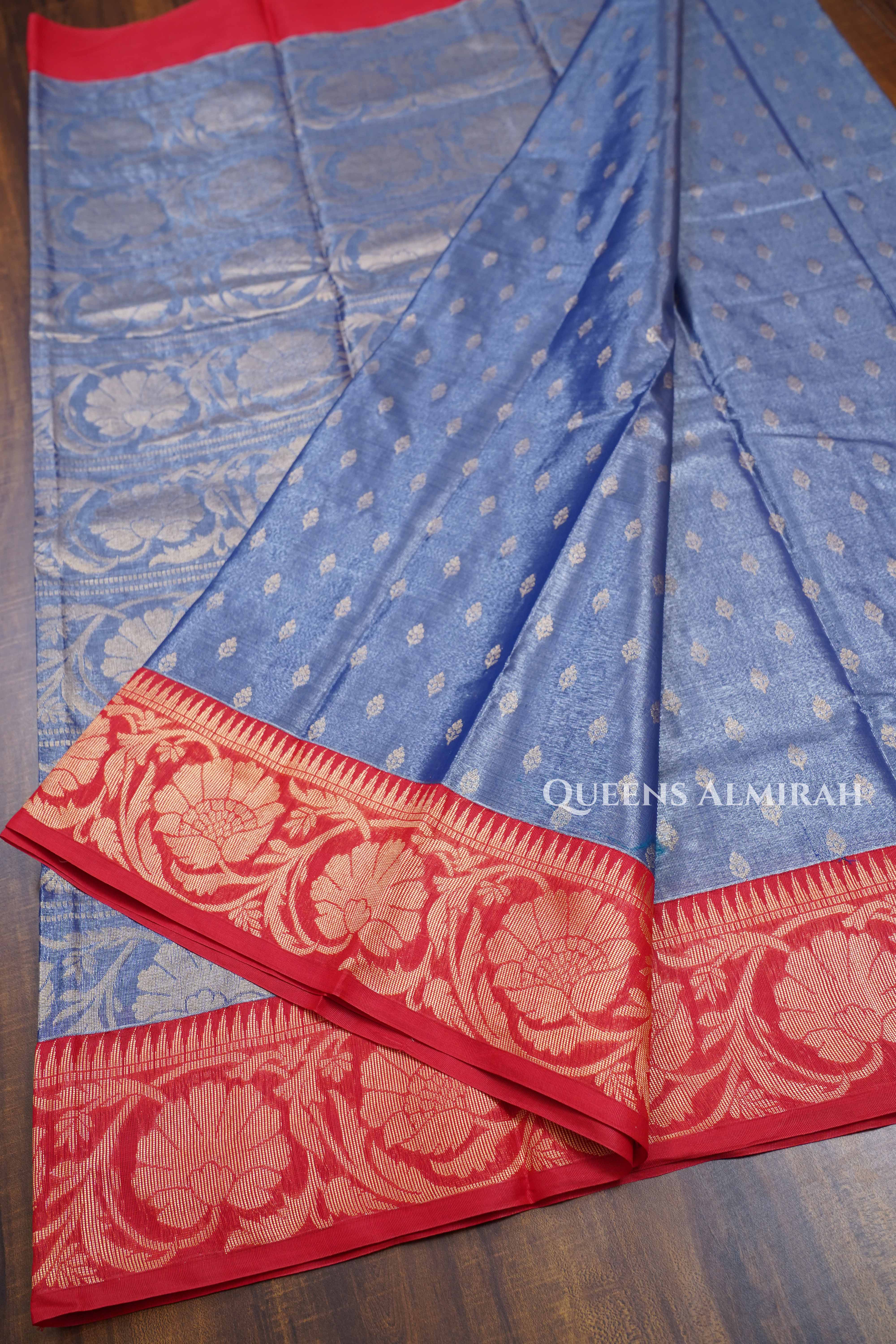 Lavender With Red Tissue Silk Cotton Saree