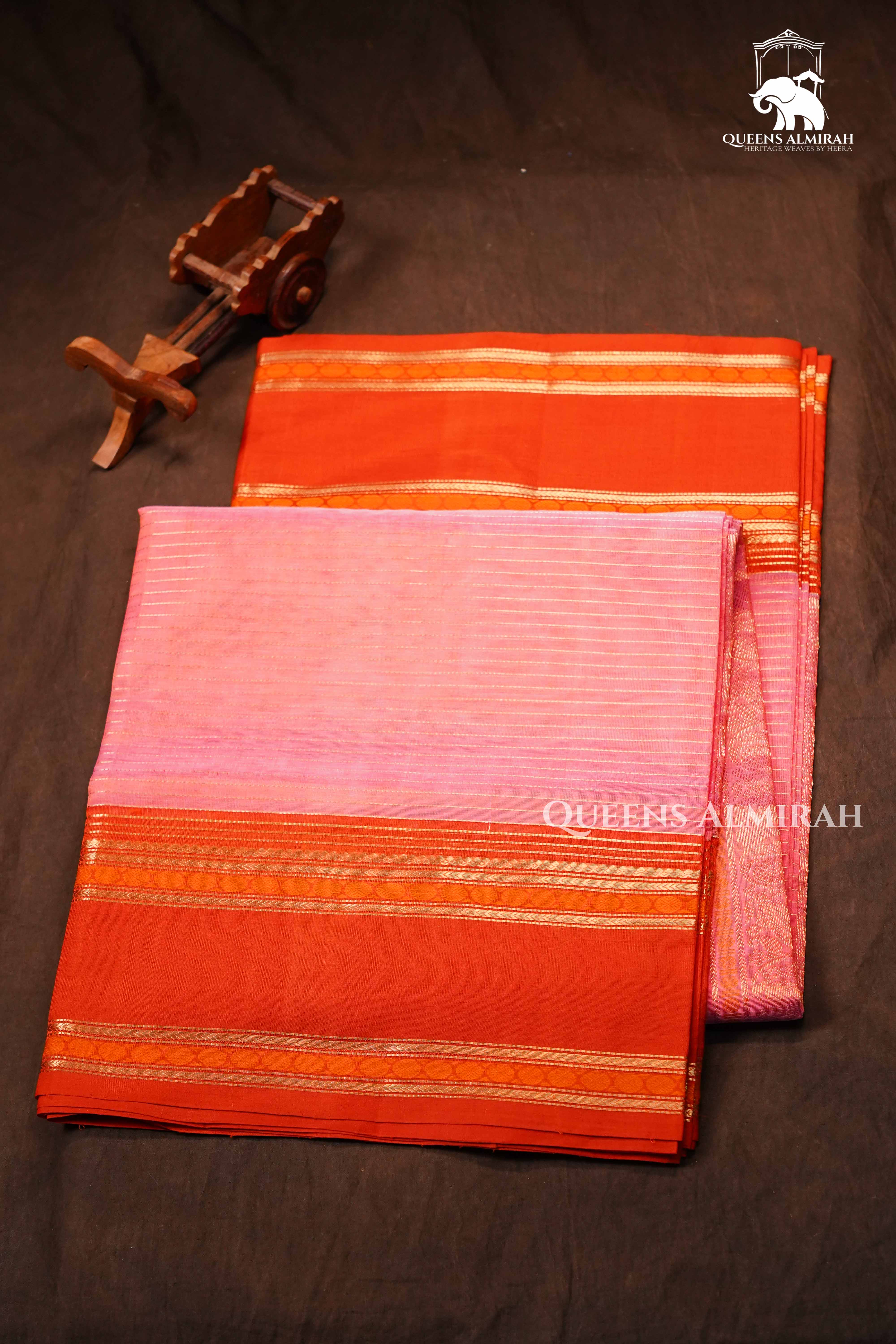 Baby Pink With Saffron Red - Karaikudi Chettinad Silk Cotton Saree