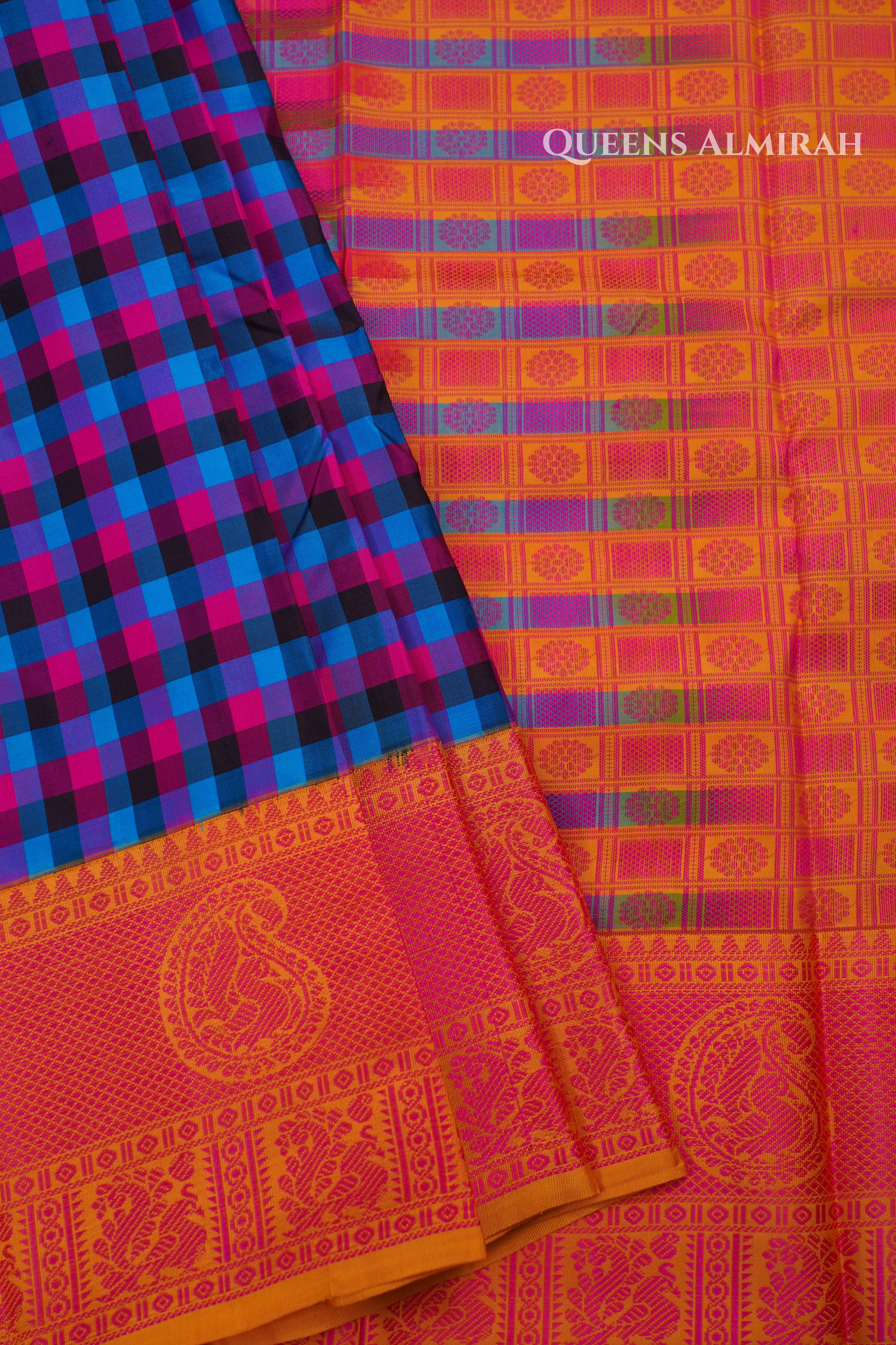 Blue With Pink Checks Kuravanji Silk Saree
