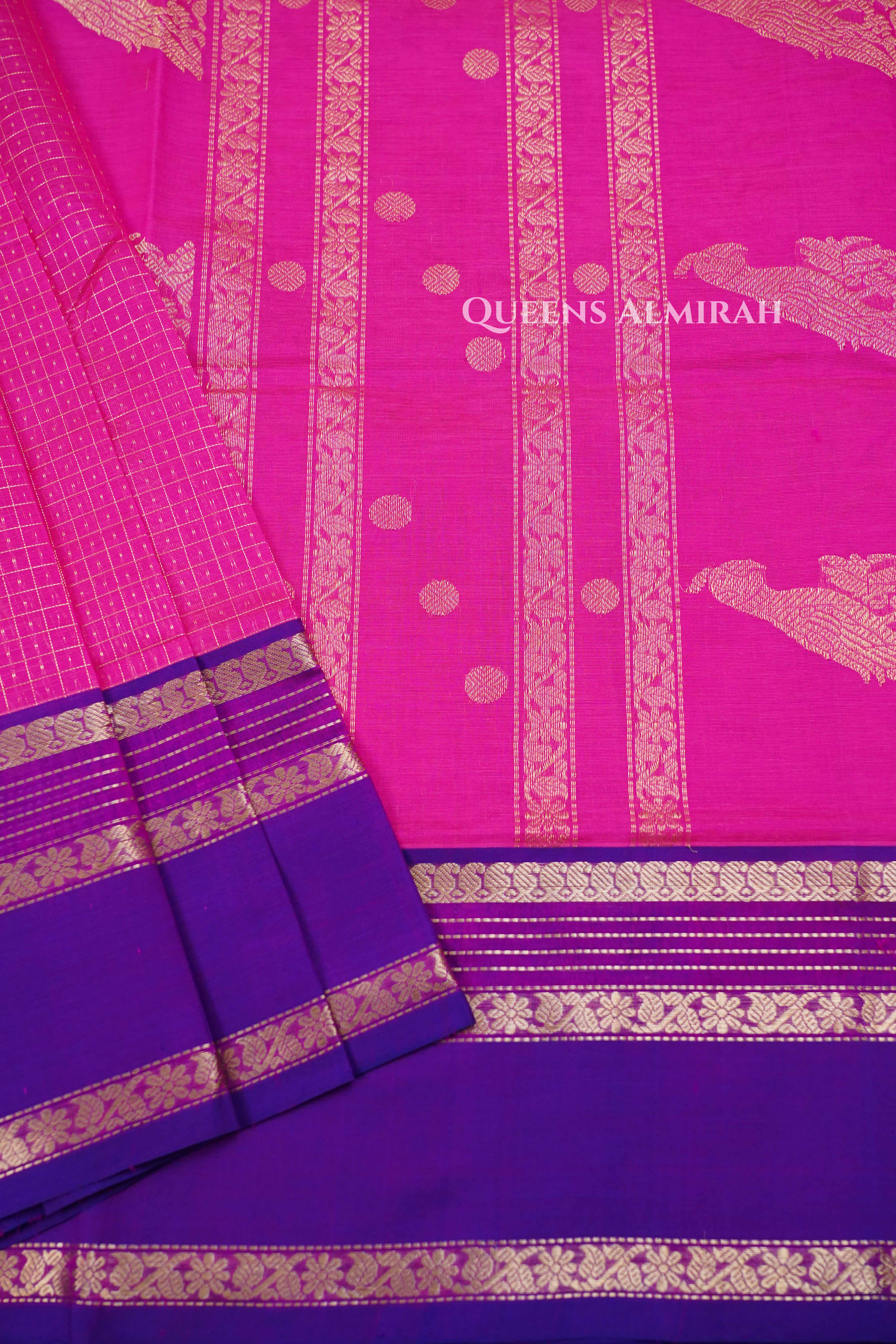 Dragon Fruit Pink-  Karaikudi Chettinad Silk Cotton Saree