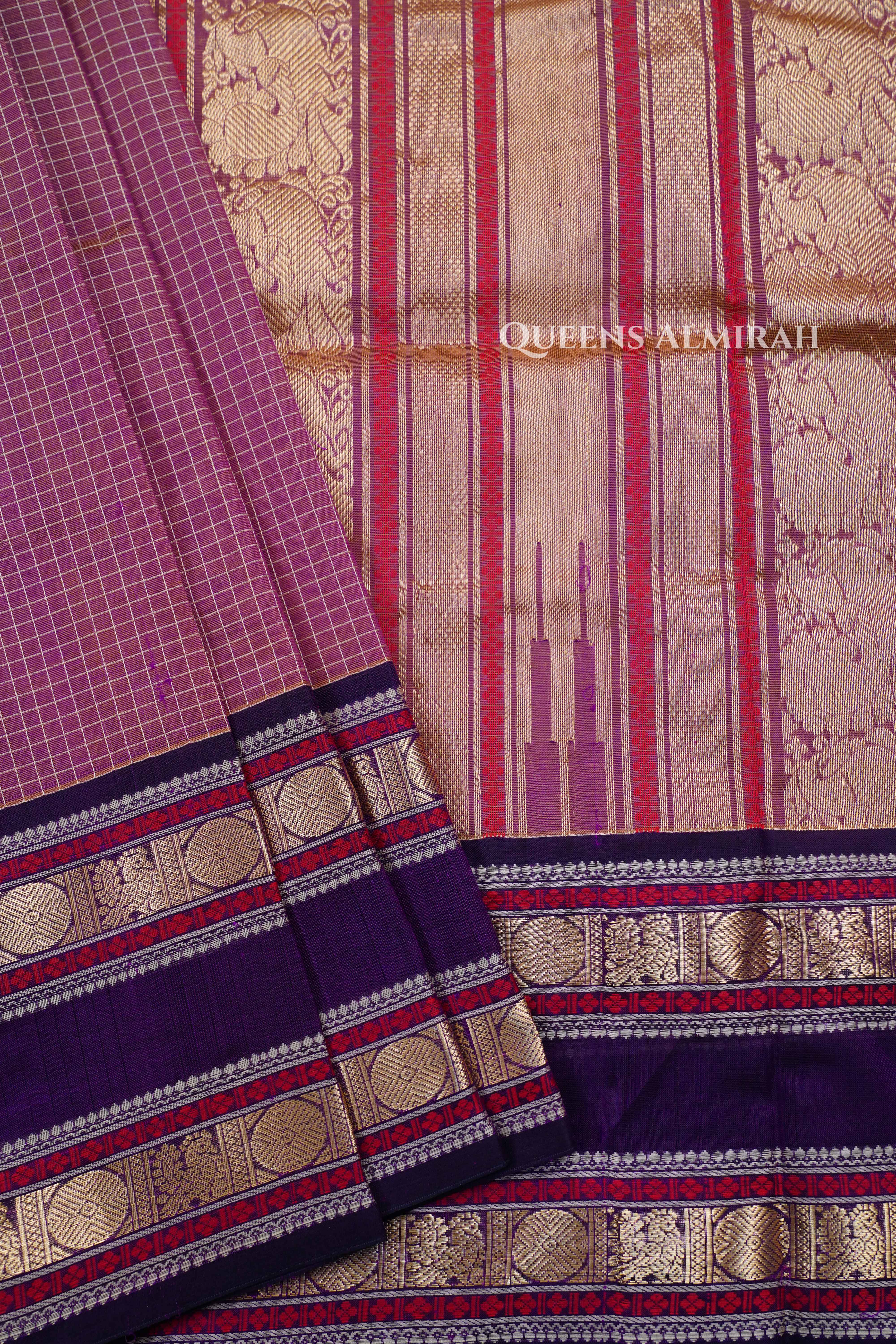 Pastel Pink With Dark Purple - Karaikudi Chettinad Silk Cotton Saree