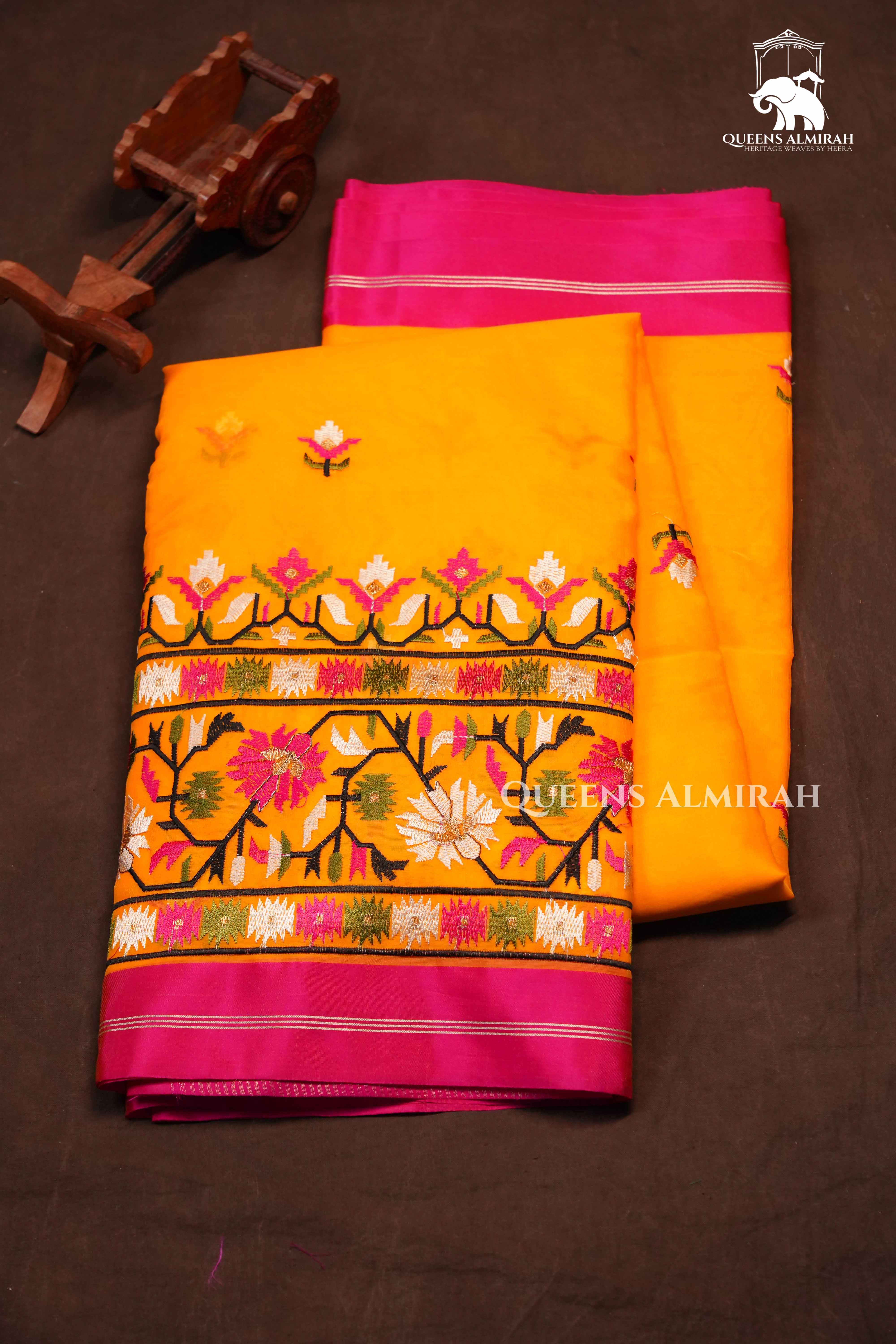 Yellow With Pink Muslin Organza Saree