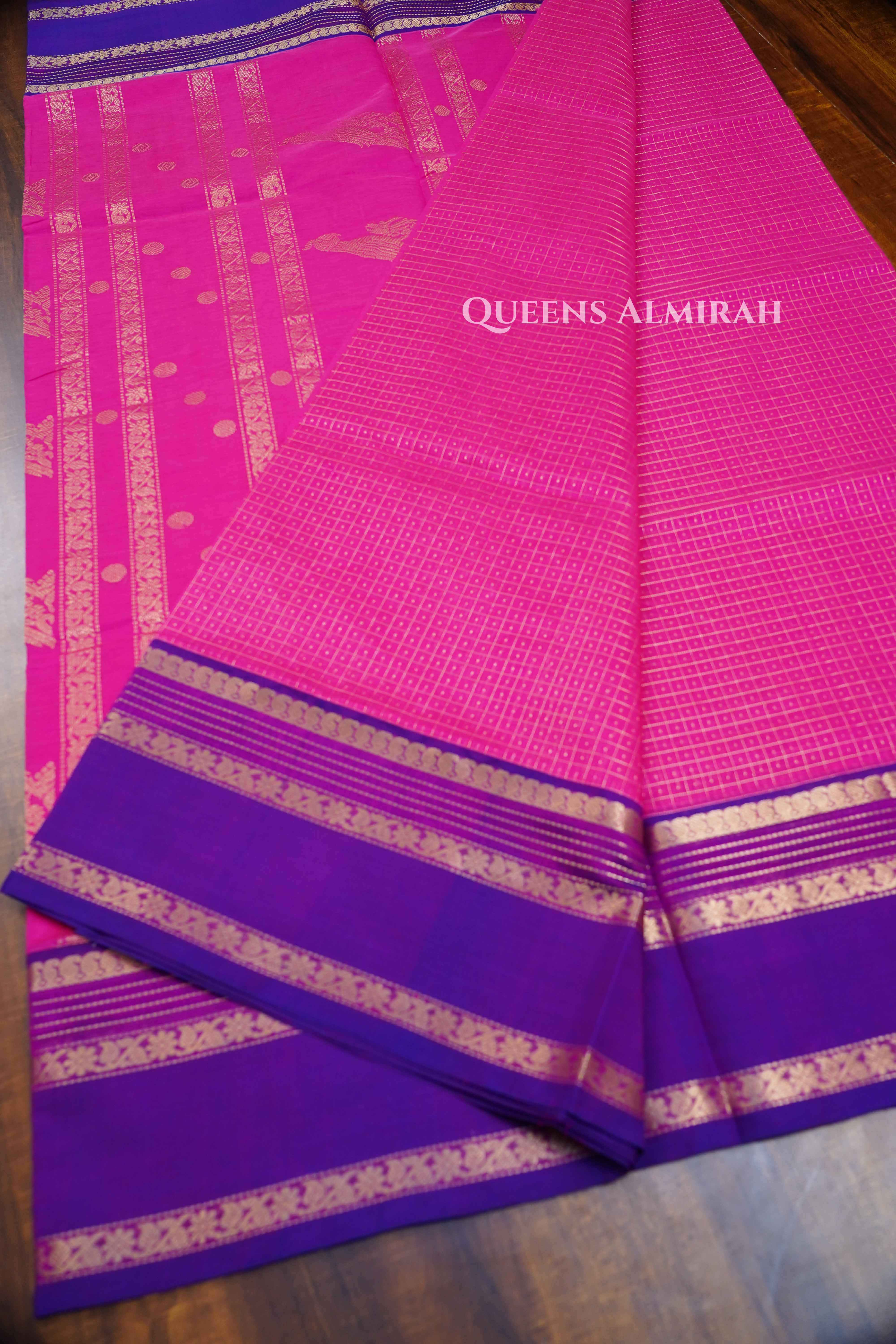 Dragon Fruit Pink-  Karaikudi Chettinad Silk Cotton Saree