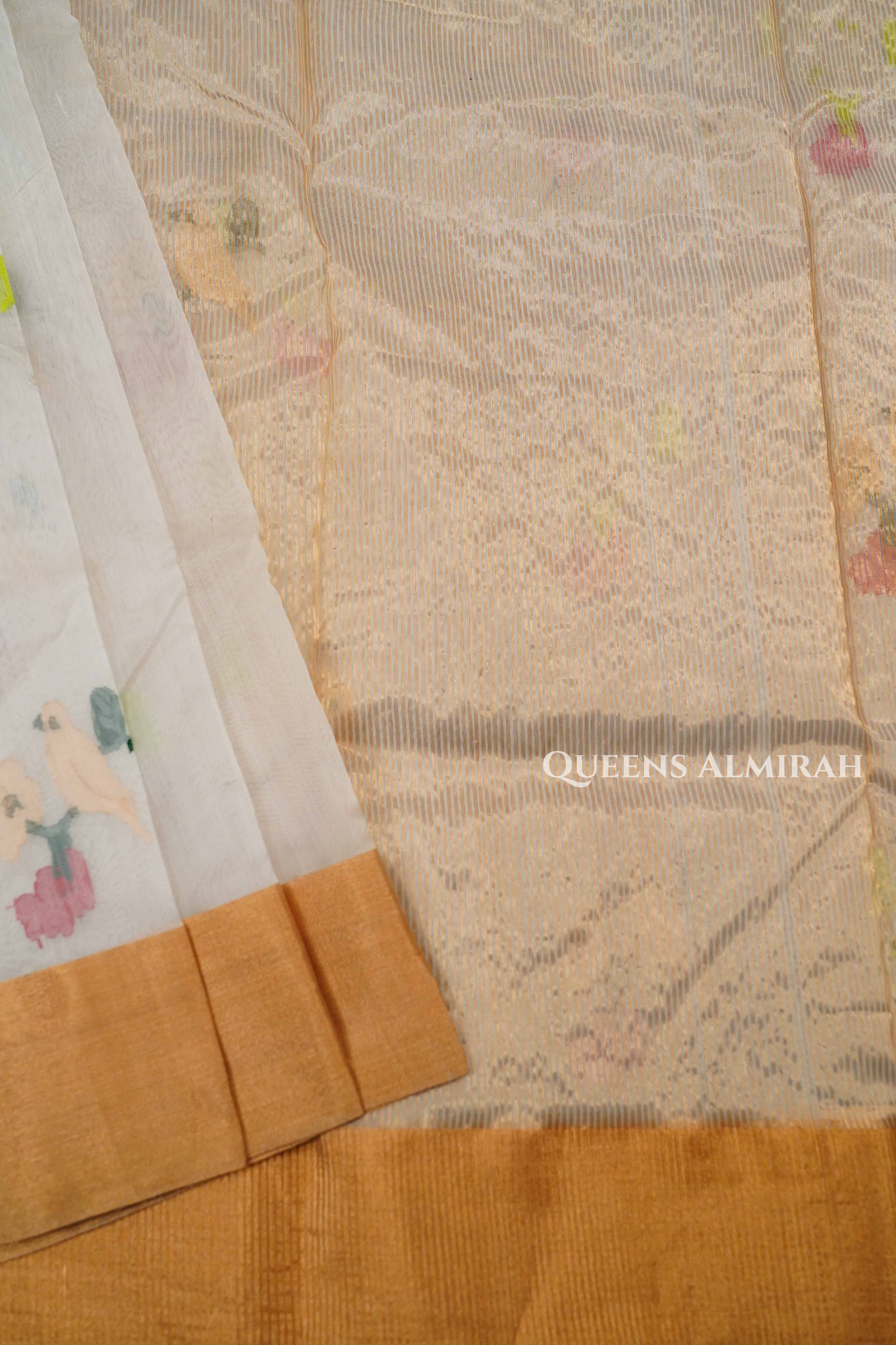 White Chanderi Katan Handloom Silk Saree