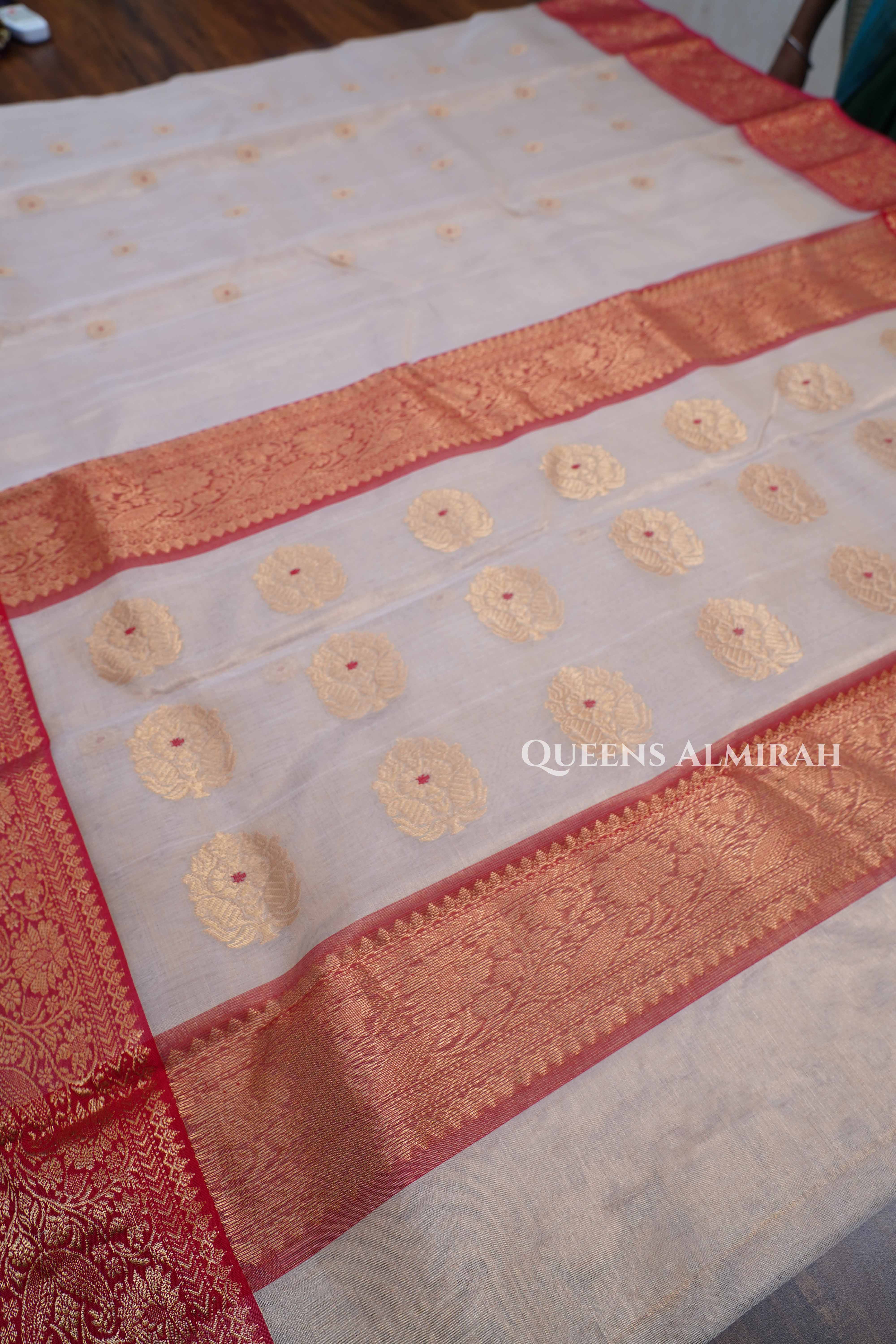 Sandal With Red Katan Silk Handloom Saree