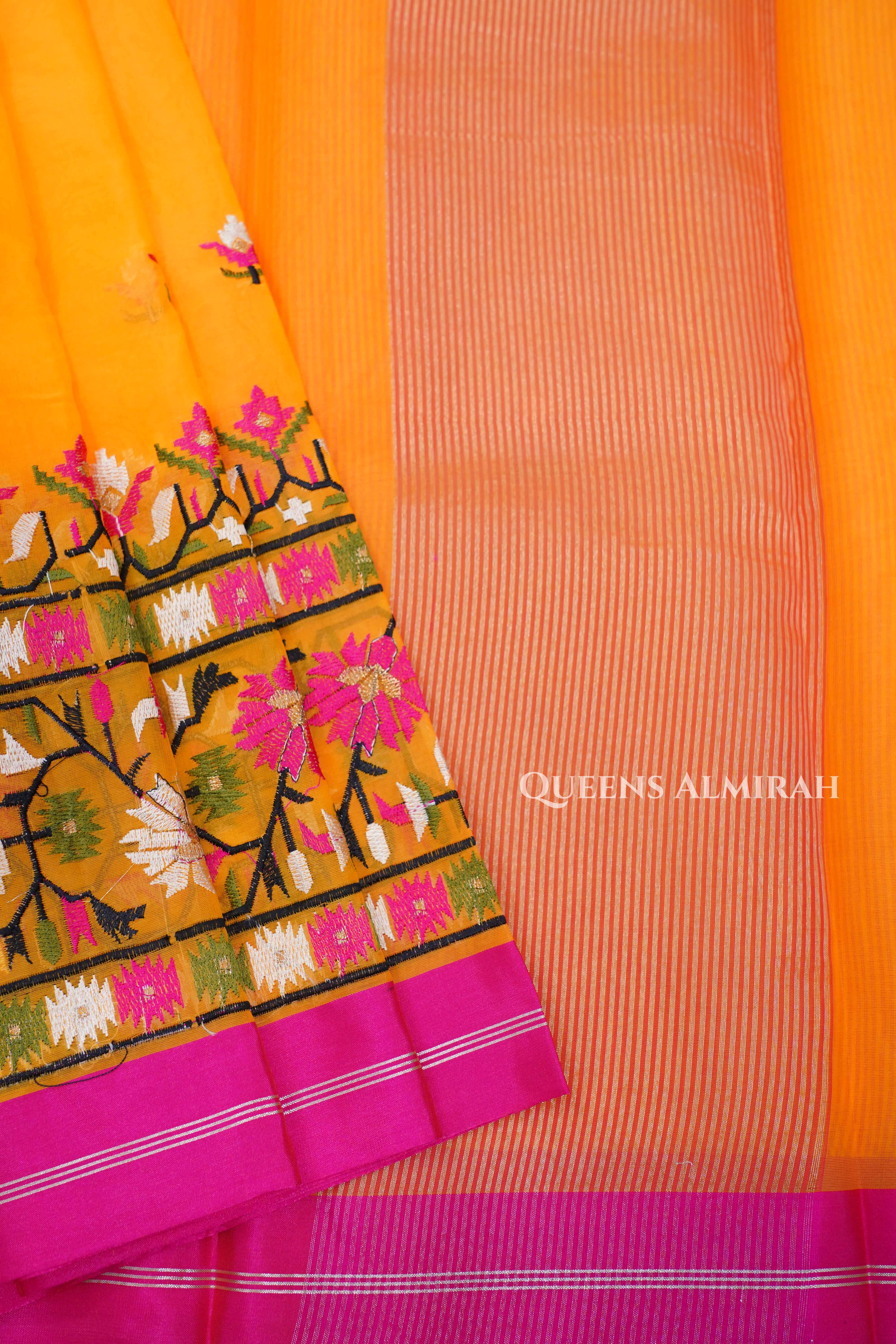 Yellow With Pink Muslin Organza Saree