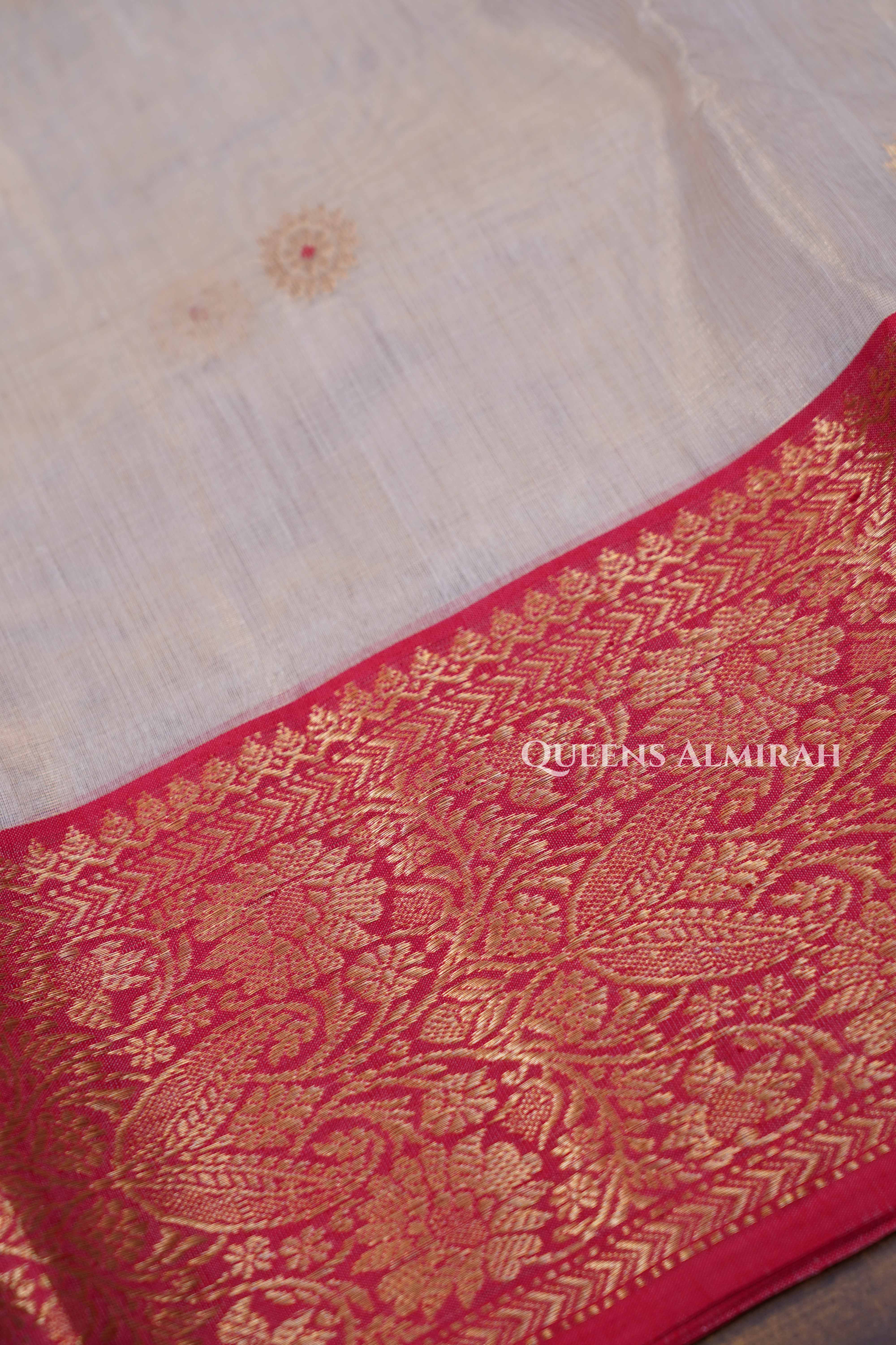 Sandal With Red Katan Silk Handloom Saree