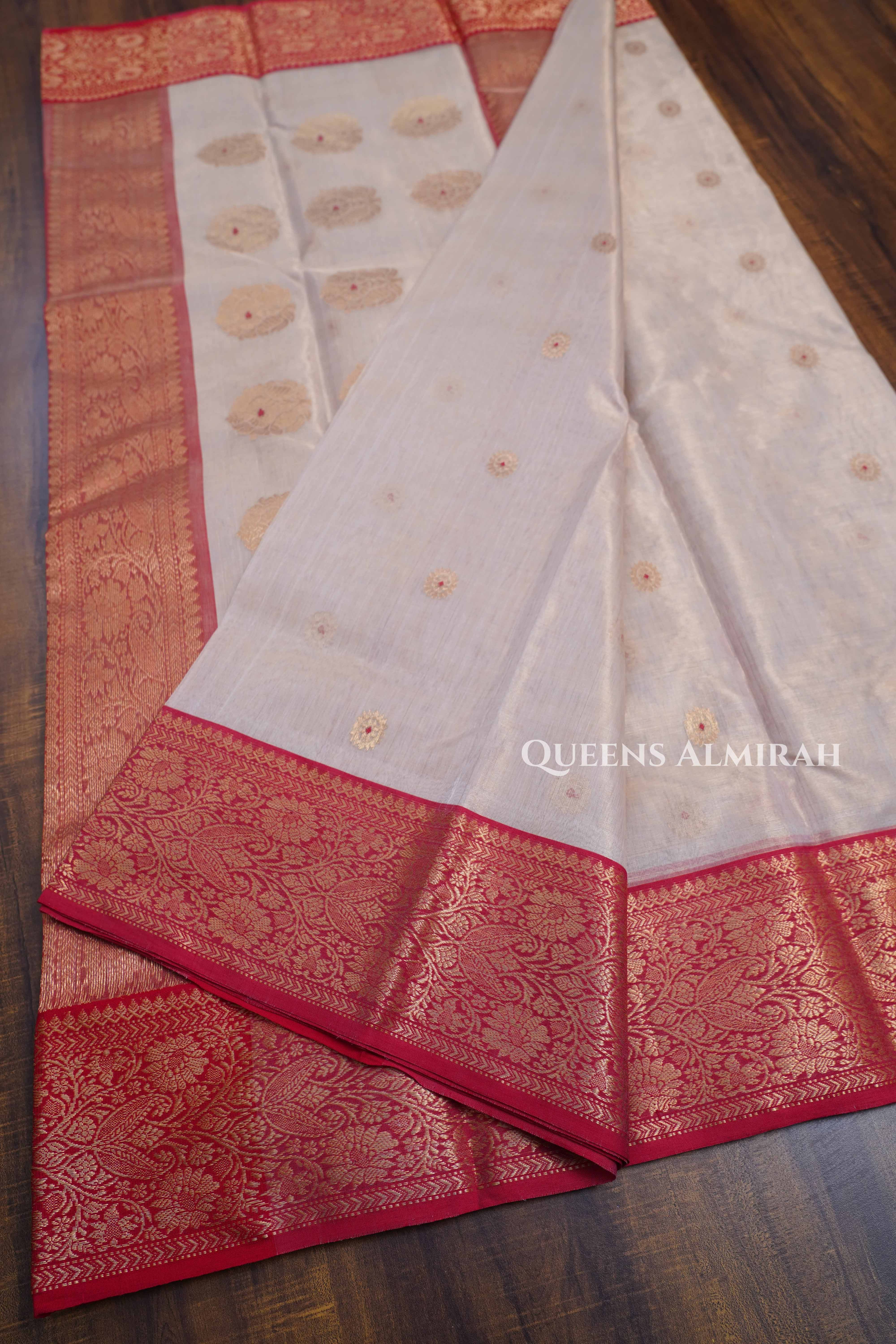 Sandal With Red Katan Silk Handloom Saree