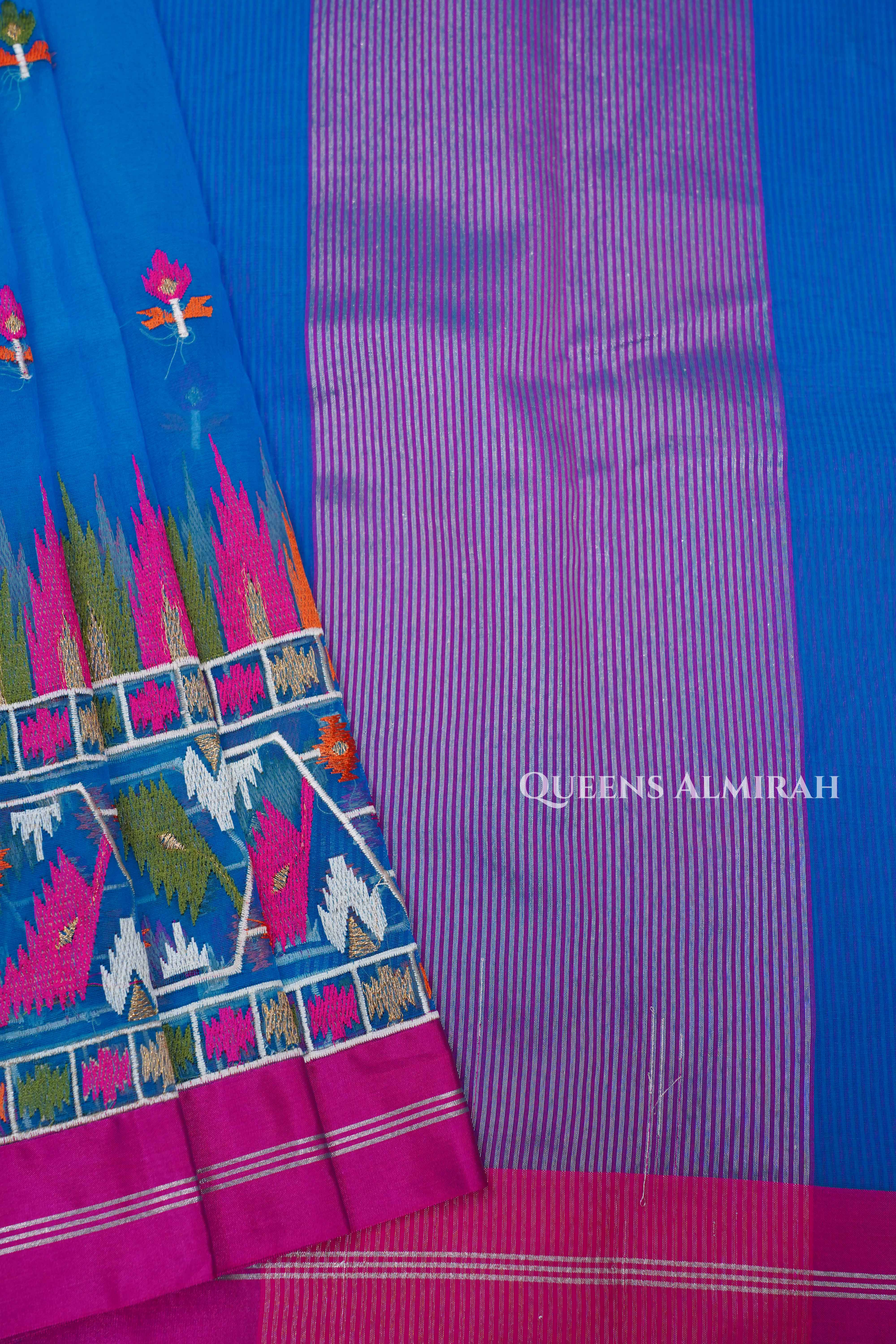 Blue With Pink Muslin Organza Saree