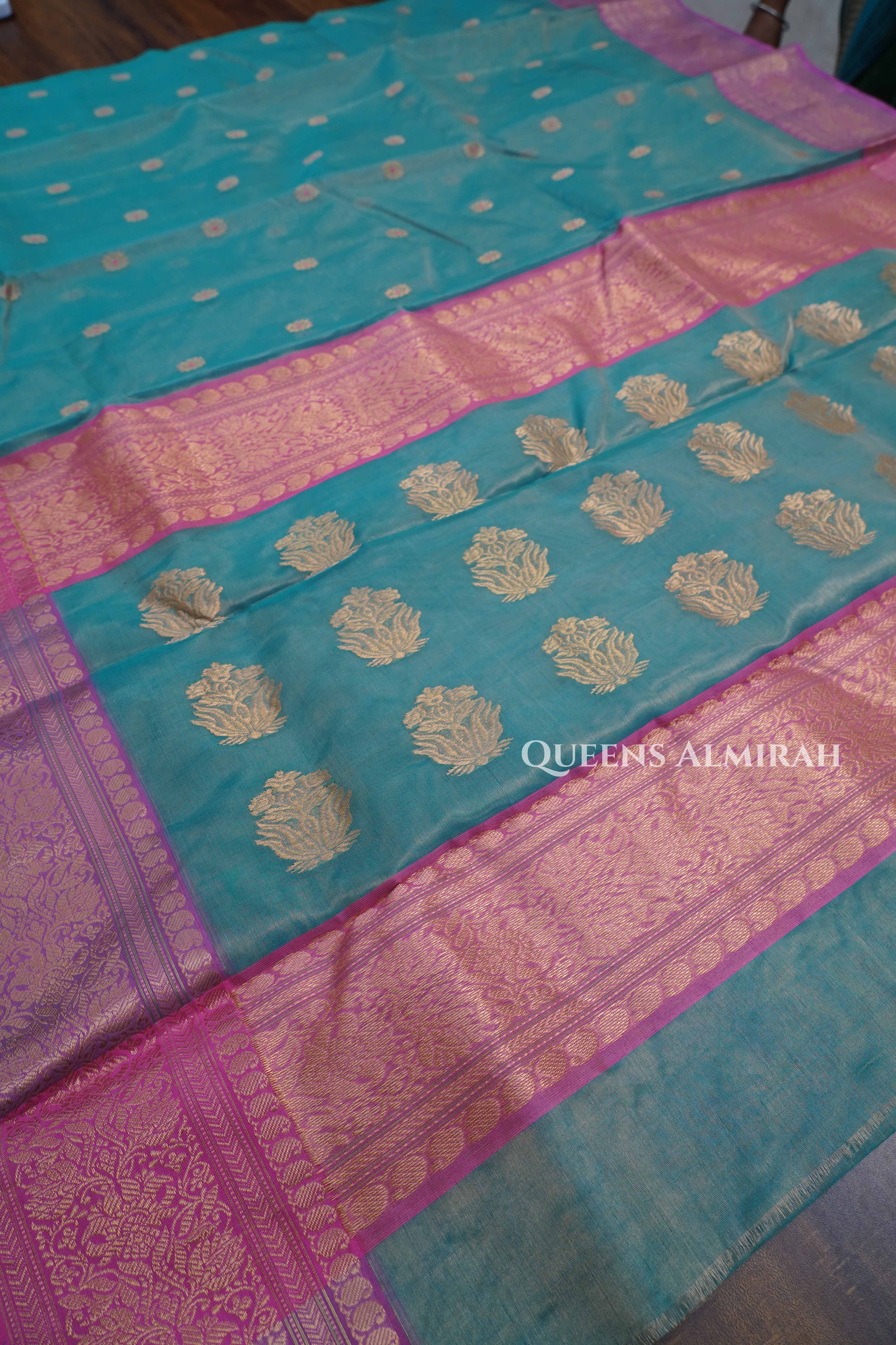 Duale Shade Of Green With Pink Chanderi Katan Silk Handloom Saree