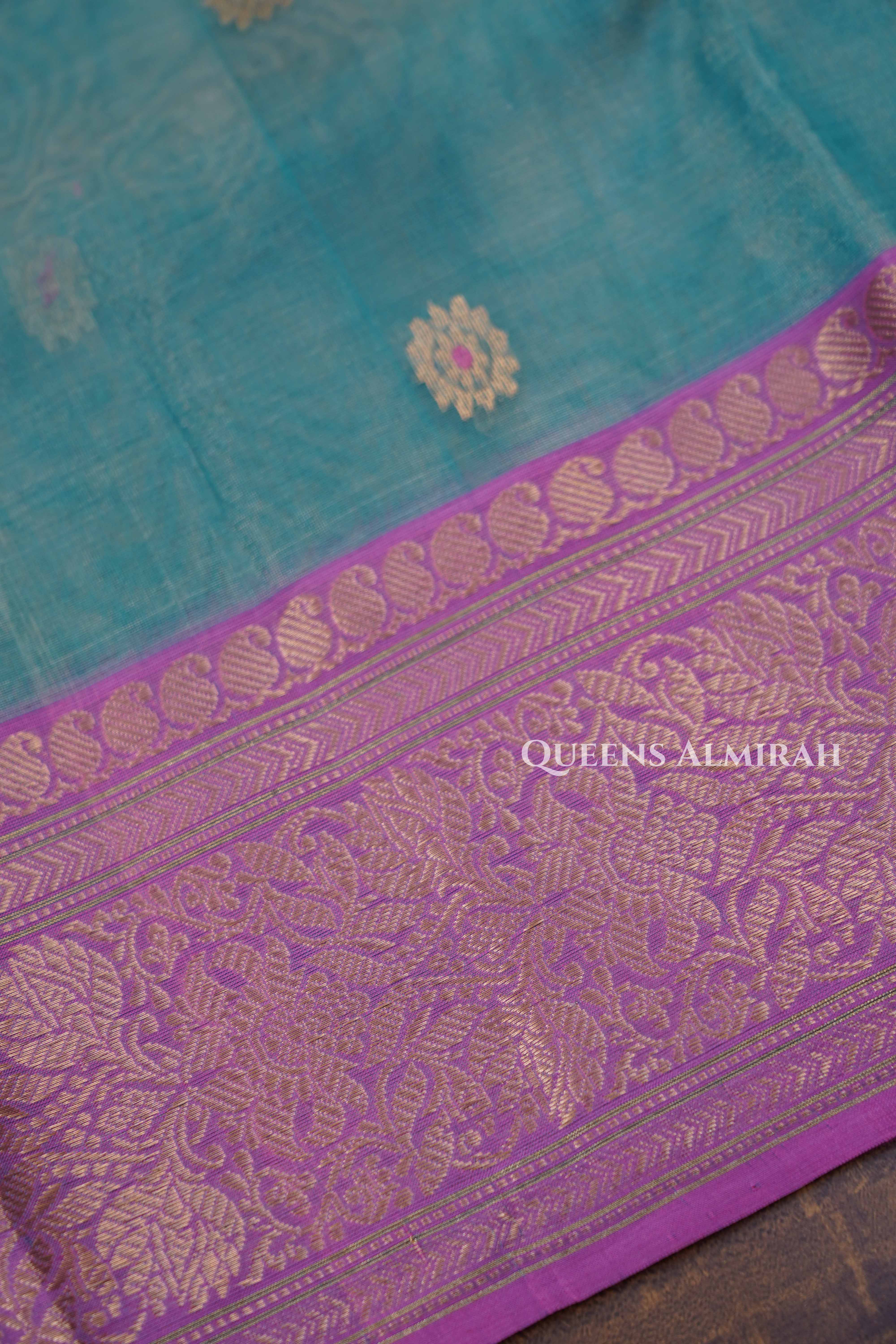 Duale Shade Of Green With Pink Chanderi Katan Silk Handloom Saree