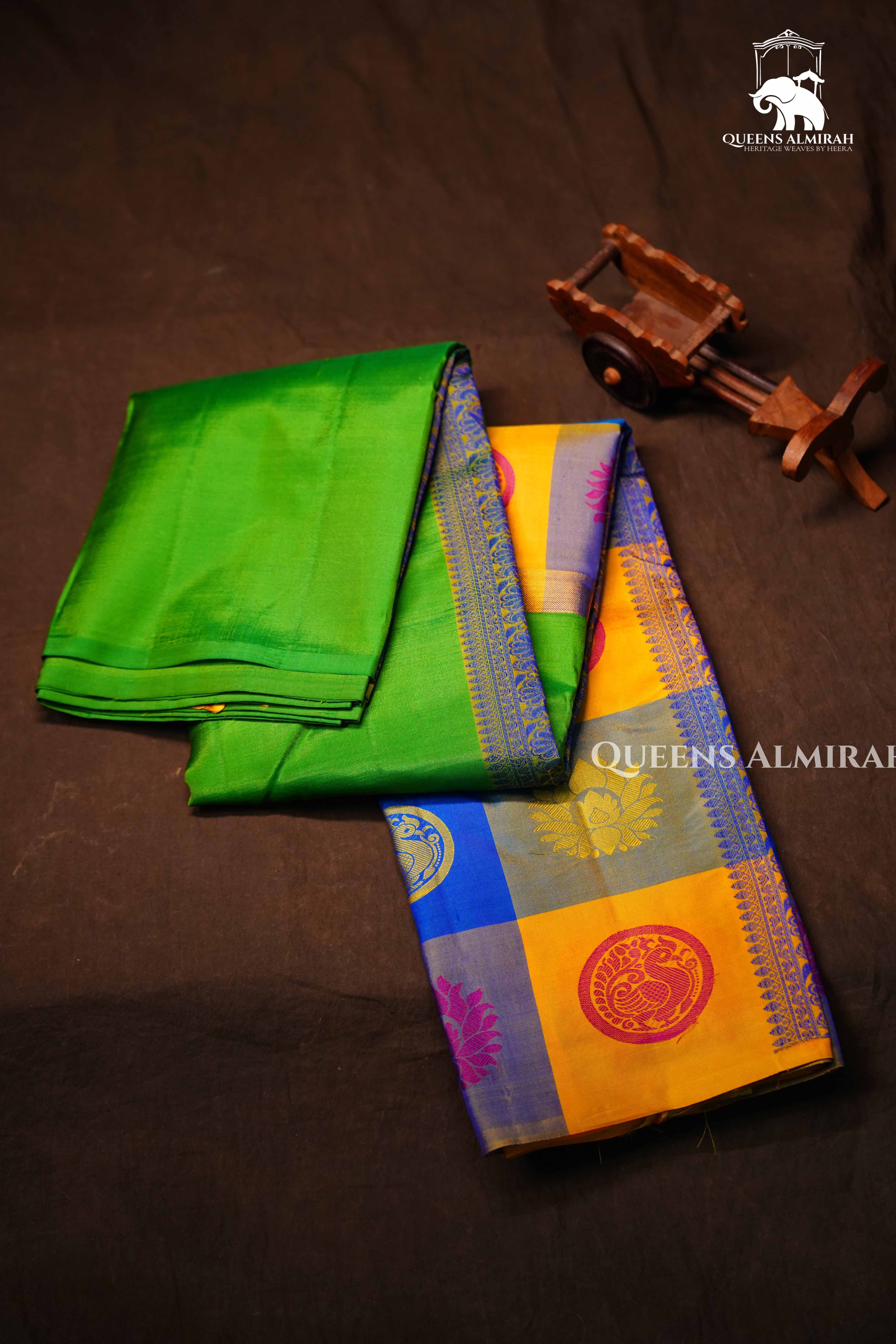Leaf Green With Multi Checks Kanchivaram Silk Saree