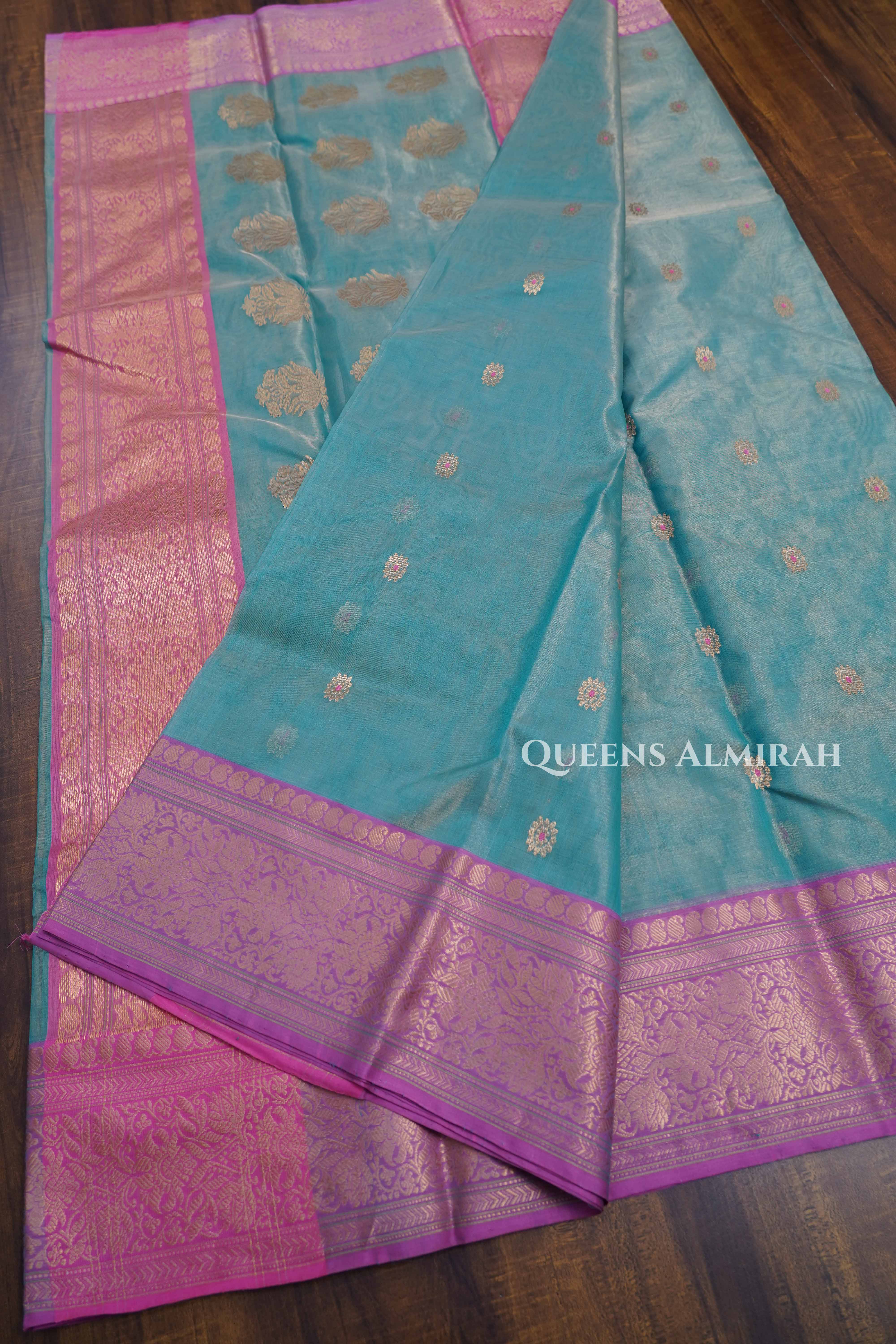 Duale Shade Of Green With Pink Chanderi Katan Silk Handloom Saree