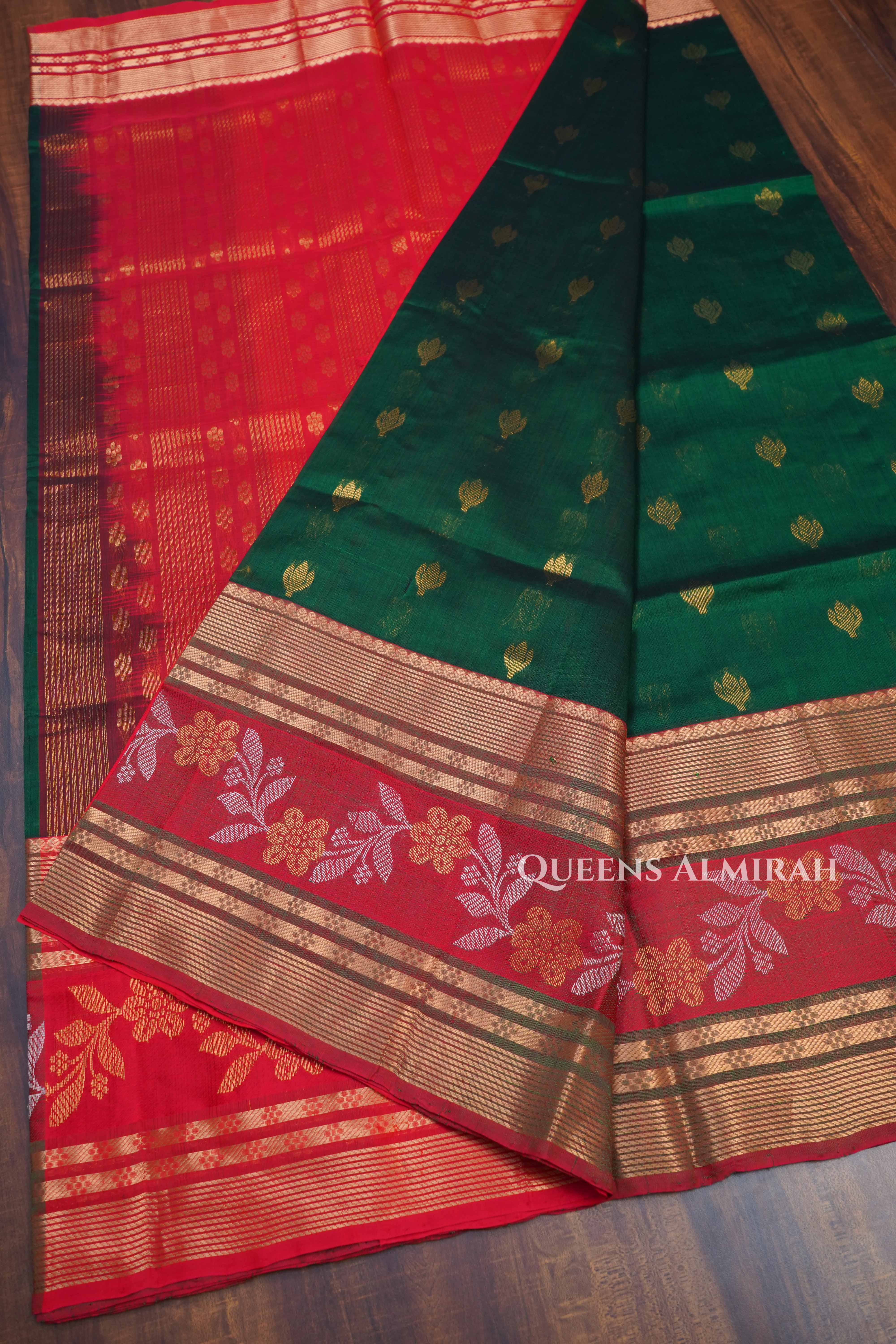 Bottle Green With Red Pure Kanchi Silk Cotton Saree