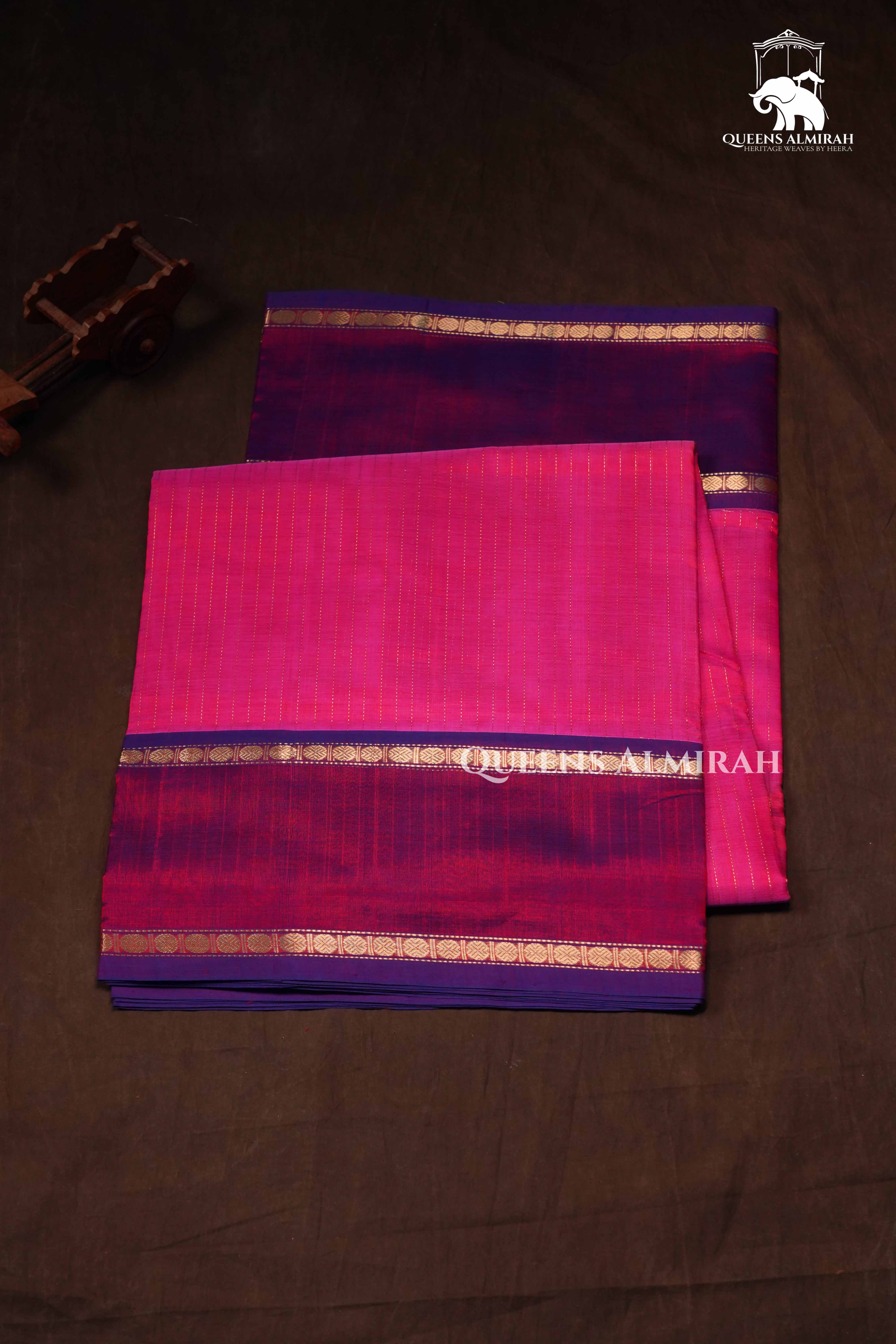 Rani Pink With Purple Karaikudi Chettinad Silk Cotton Saree