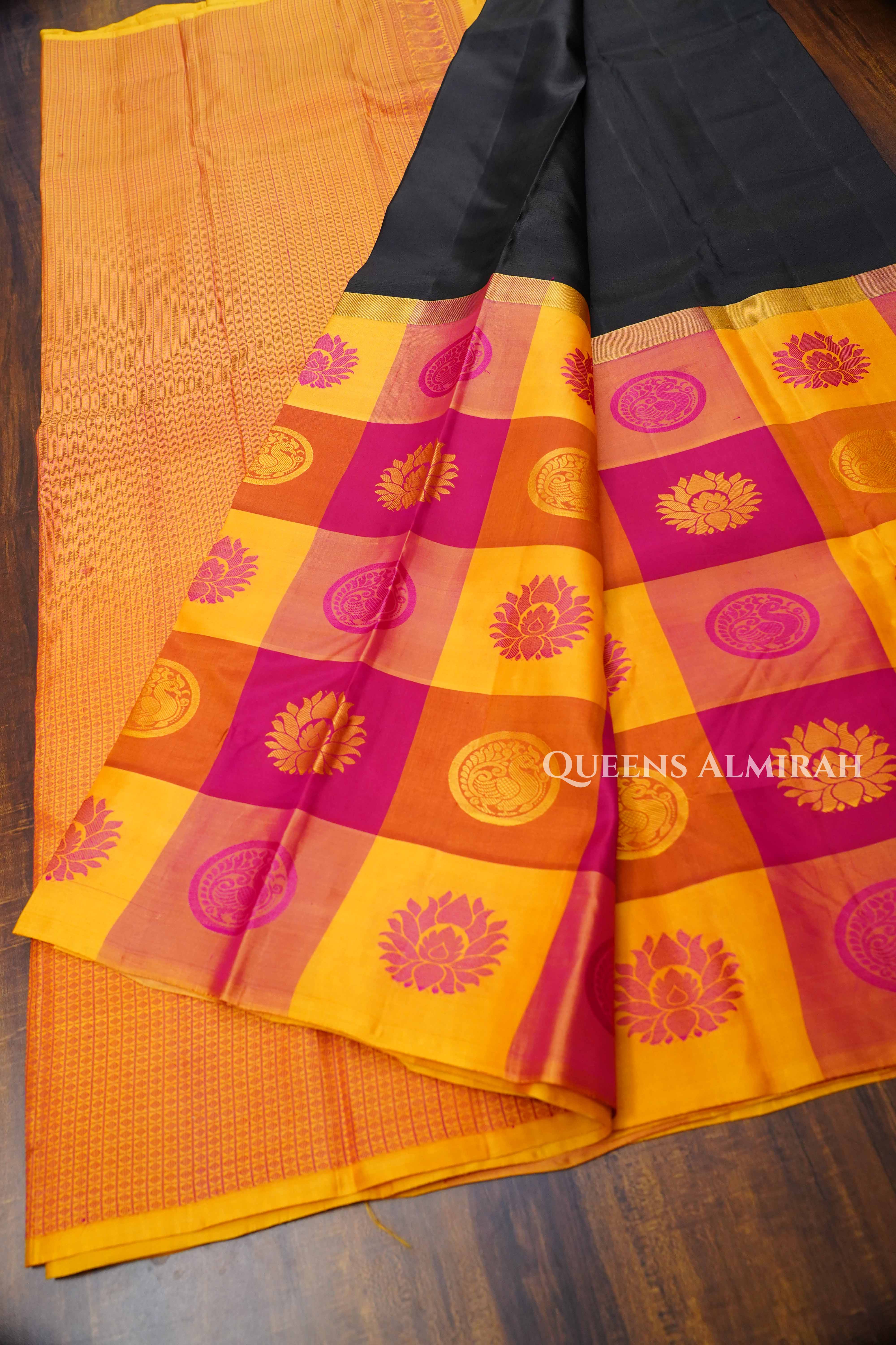 Black With Multi Checks Kanchivaram Silk Saree