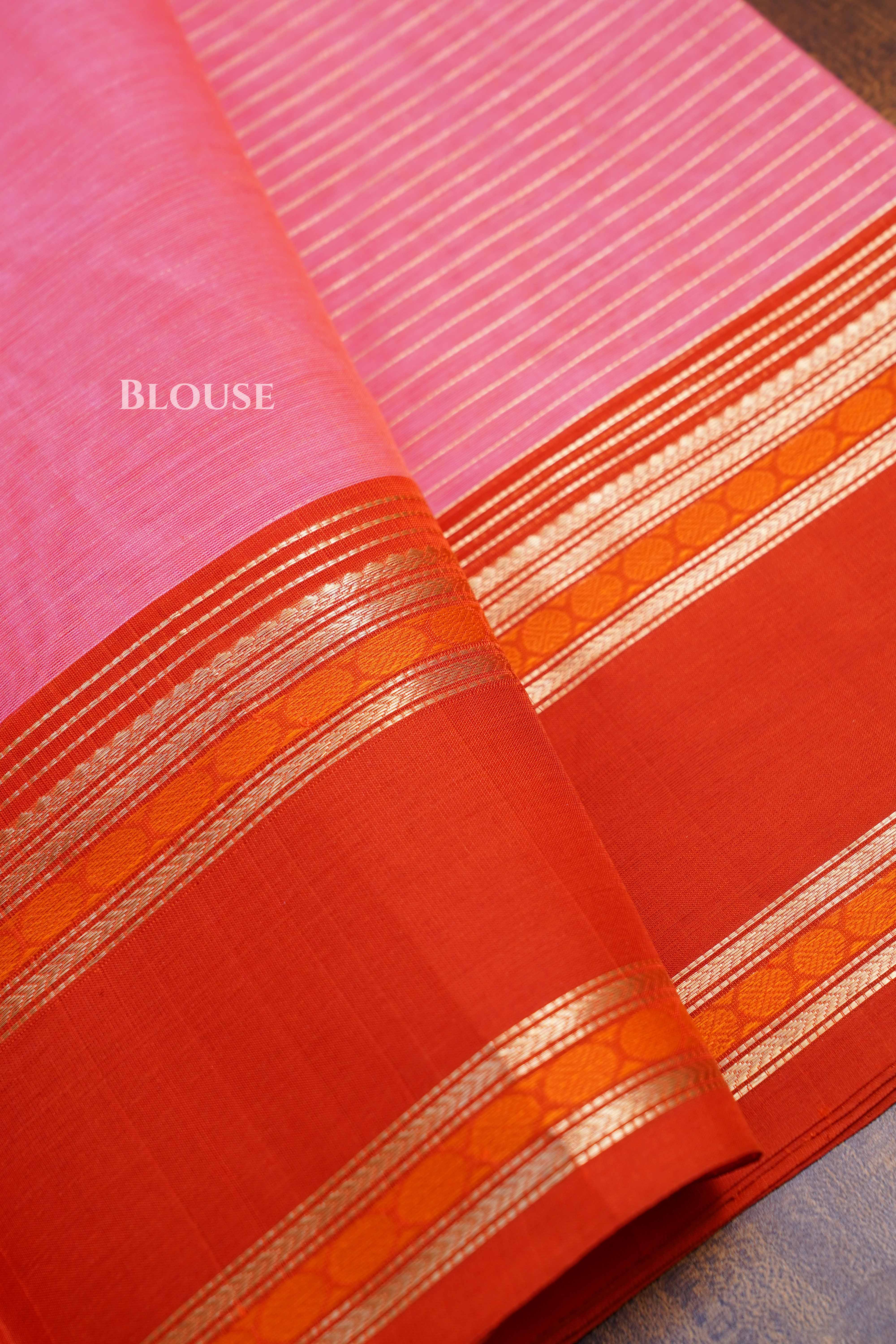 Baby Pink With Saffron Red - Karaikudi Chettinad Silk Cotton Saree