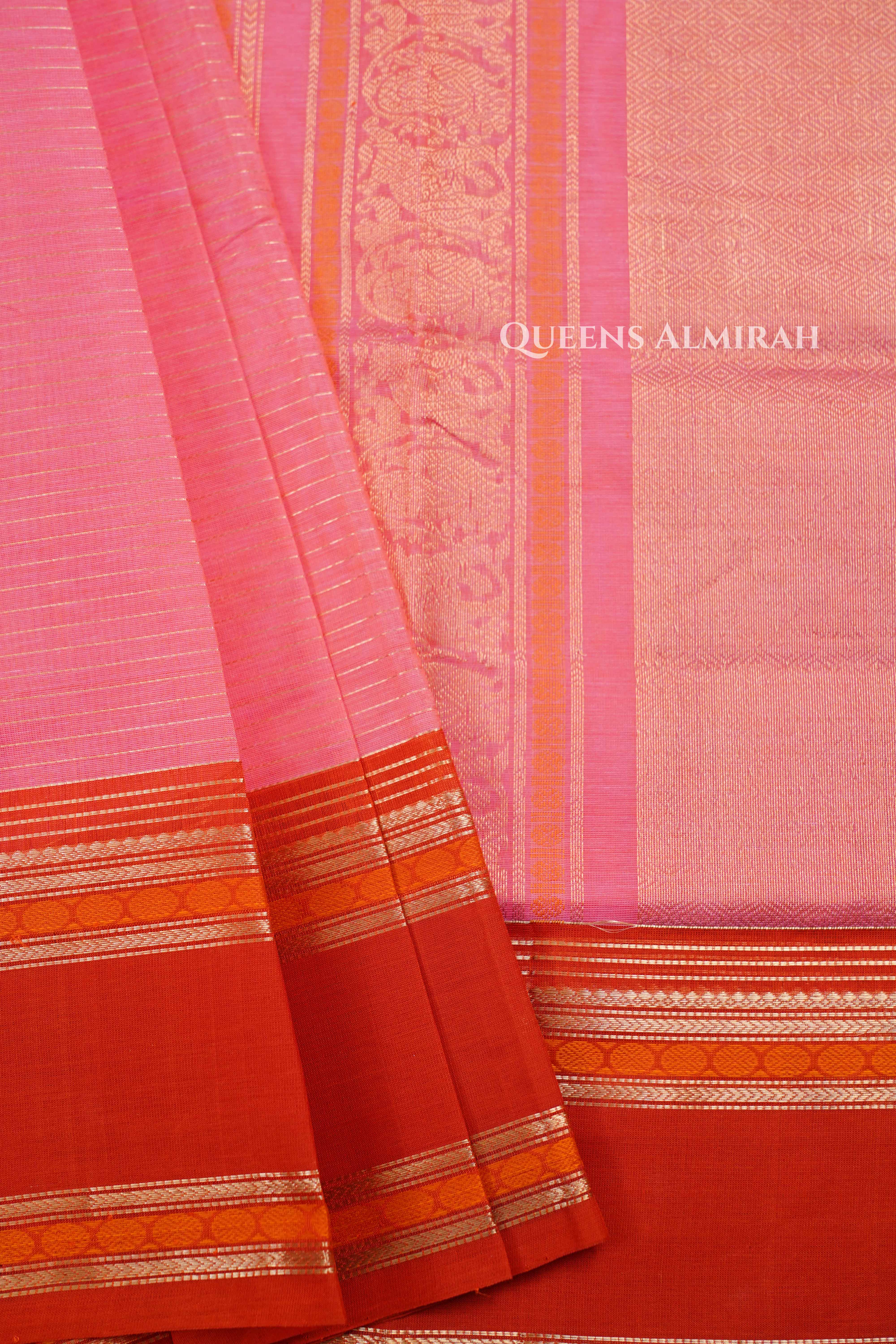 Baby Pink With Saffron Red - Karaikudi Chettinad Silk Cotton Saree
