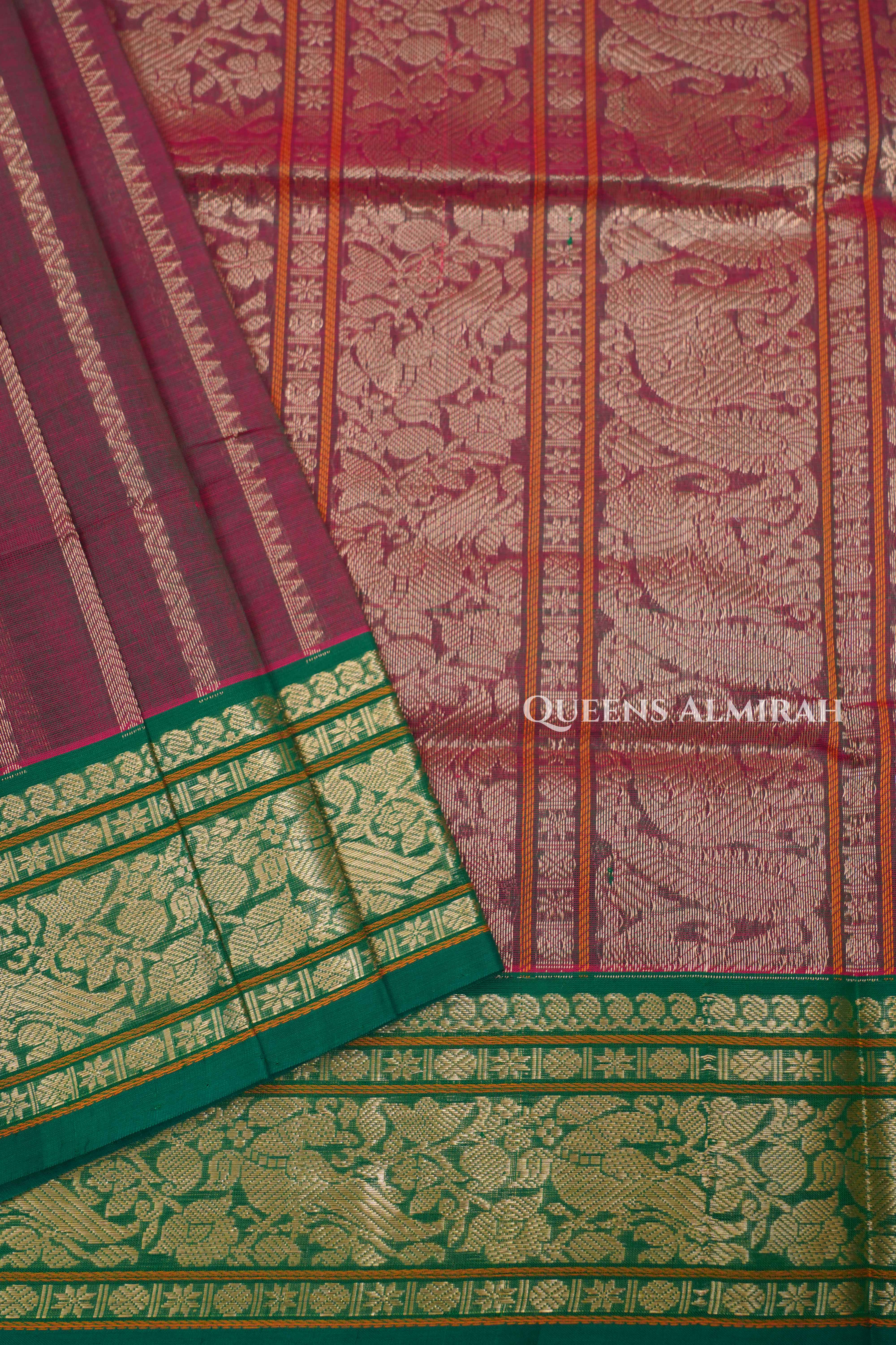 Wine Berry With Green Veldhari Chettinad Silk Cotton Saree