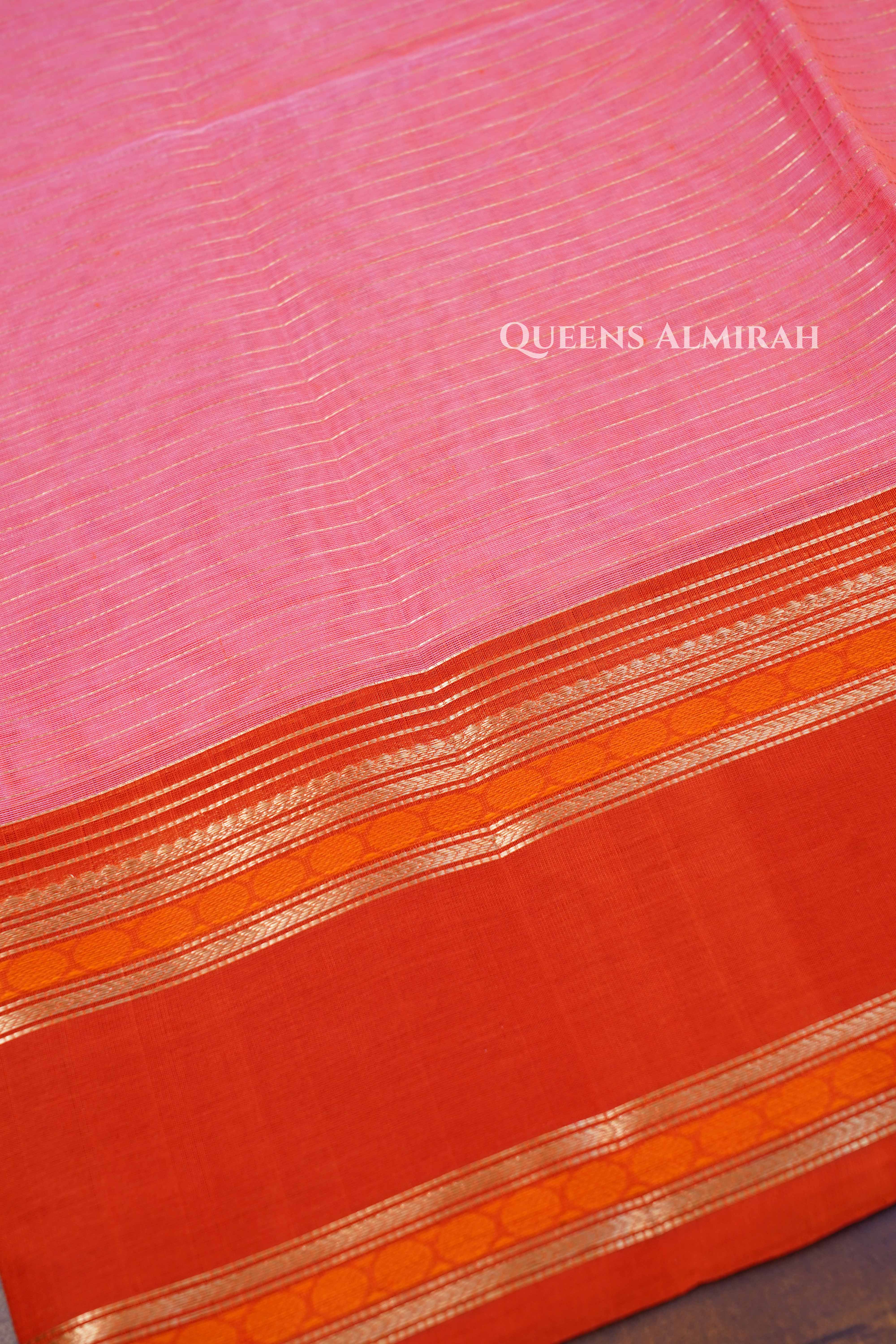 Baby Pink With Saffron Red - Karaikudi Chettinad Silk Cotton Saree