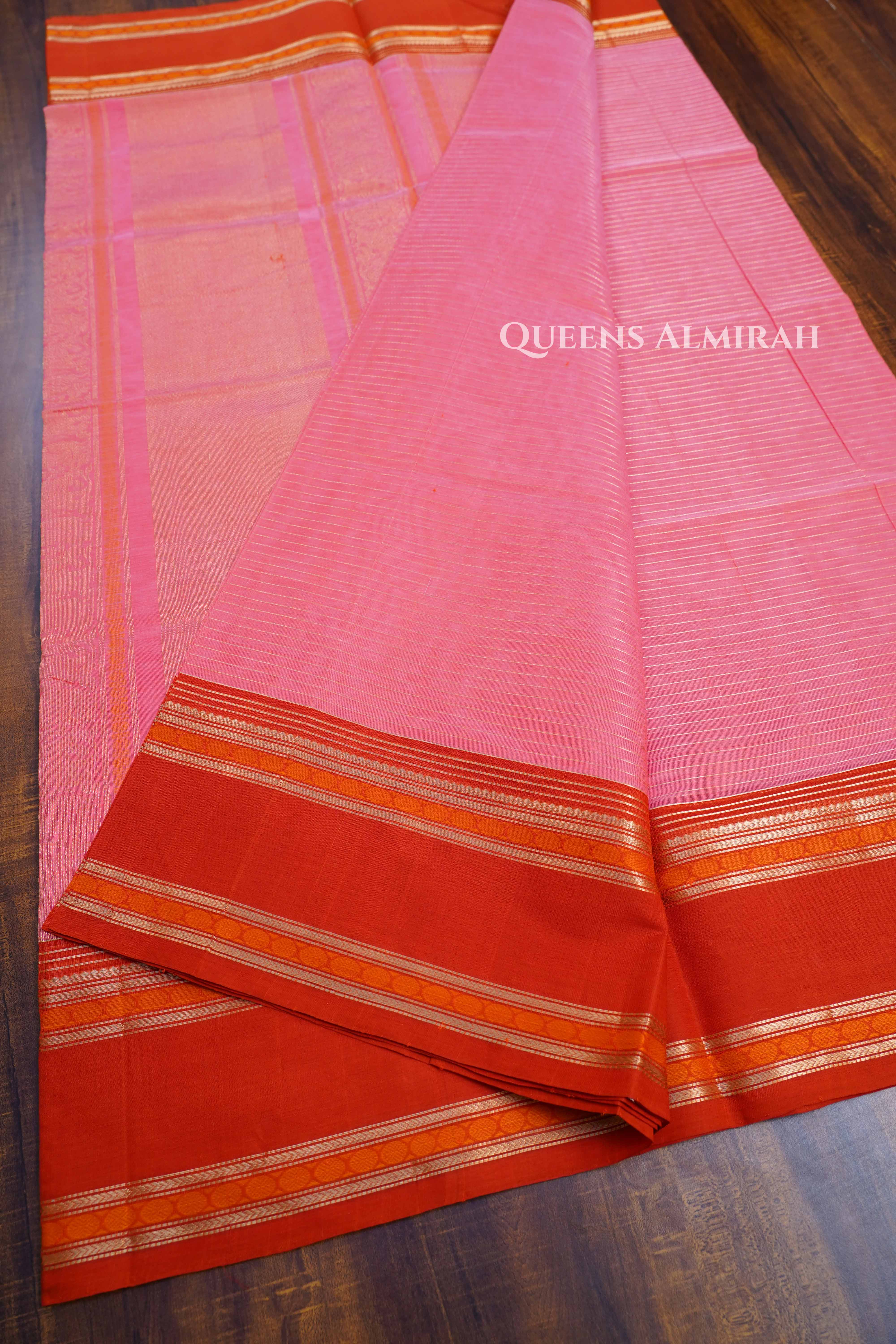 Baby Pink With Saffron Red - Karaikudi Chettinad Silk Cotton Saree