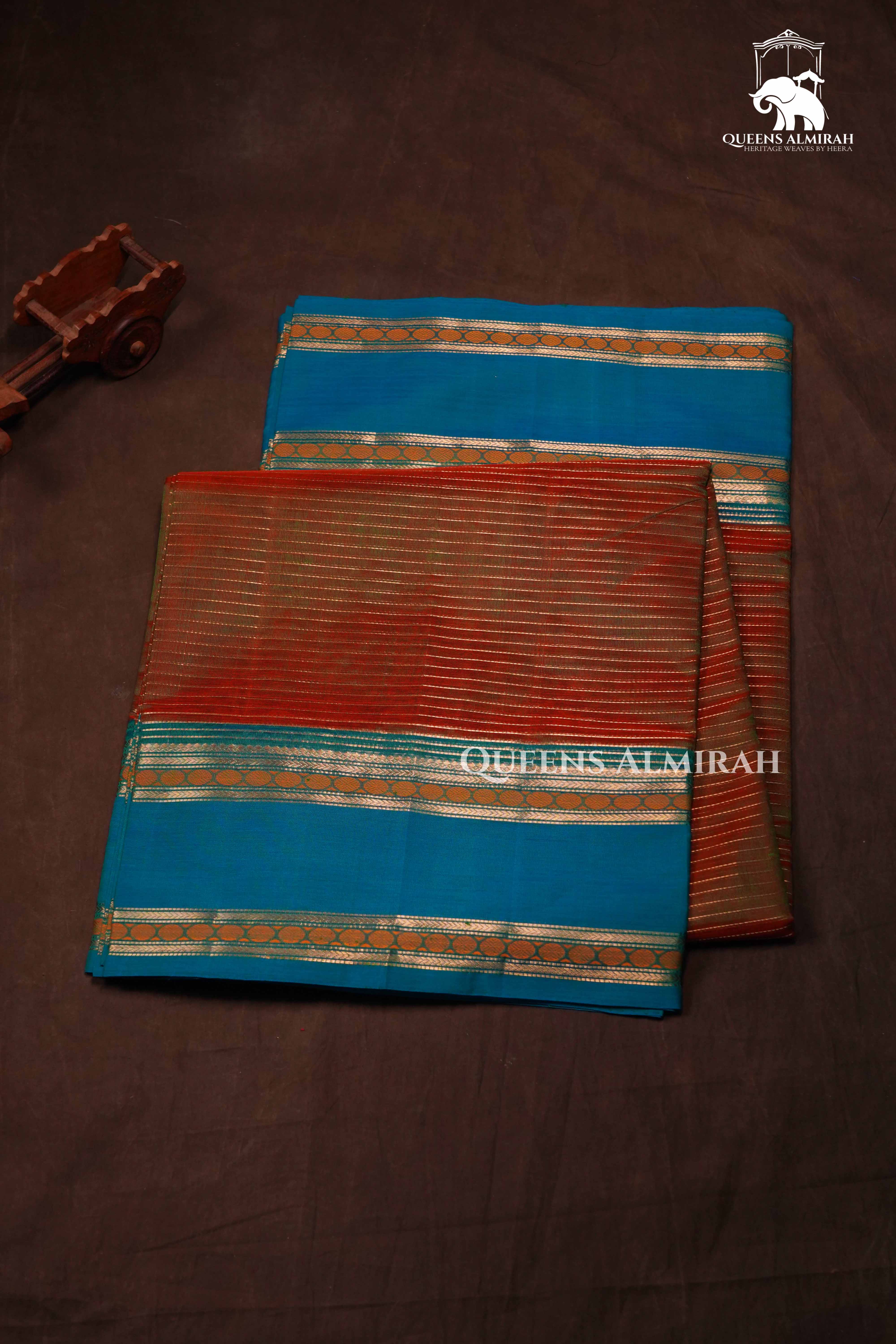 Reddish Brown With Blue Karaikudi Chettinad Silk Cotton Saree