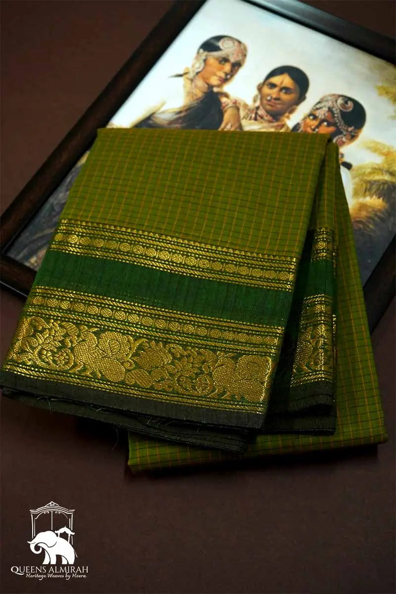 ALGAE WITH LEAF GREEN KANCHI COTTON SAREE - Queens Jewel Emporium
