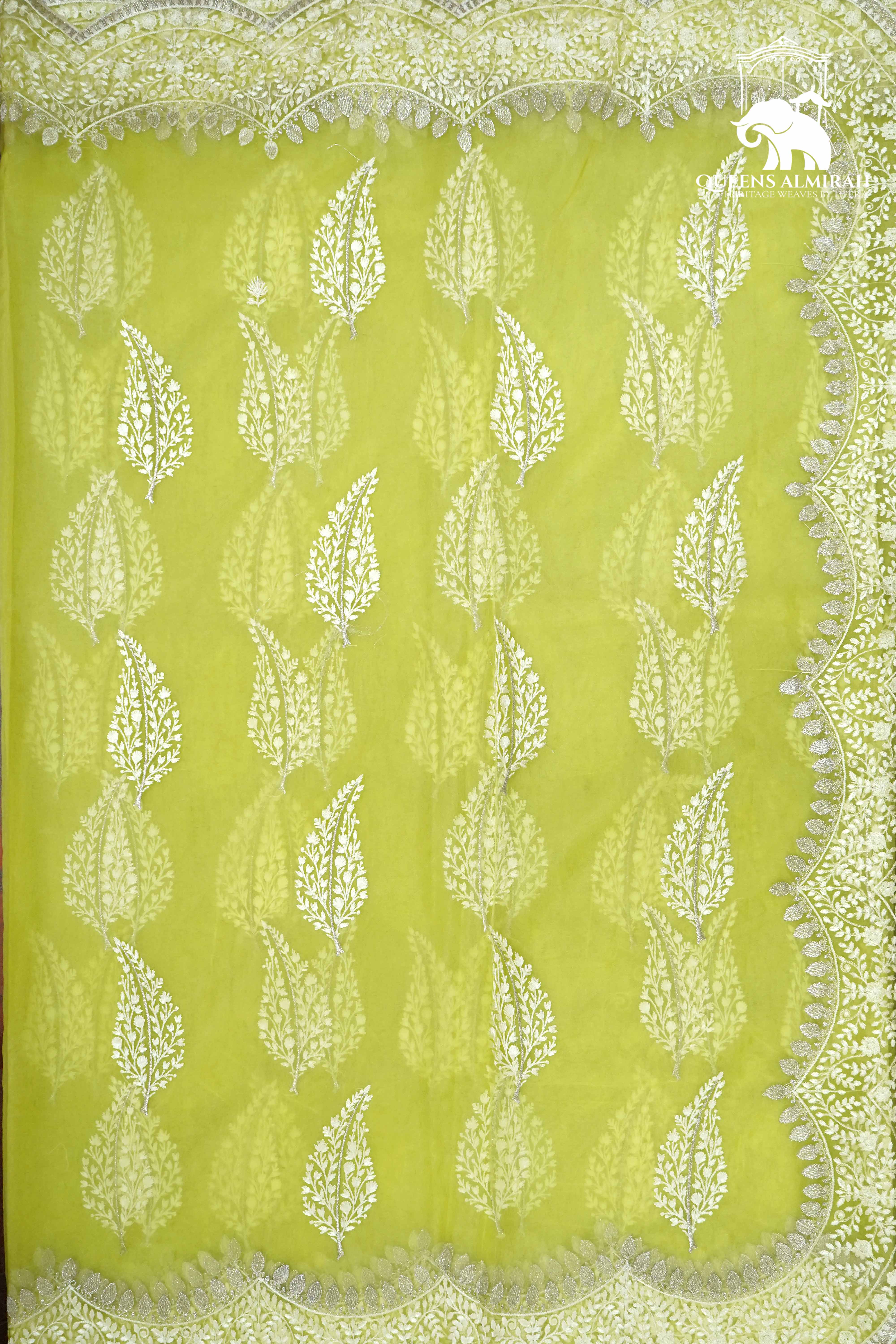 APPLE GREEN WITH SCALLOP BORDER ORGANZA SAREE - Queens Jewel Emporium