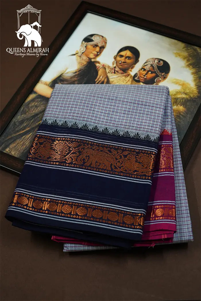 ASH GREY WITH LIGHT PURPLE KANCHI COTTON SAREE - Queens Jewel Emporium