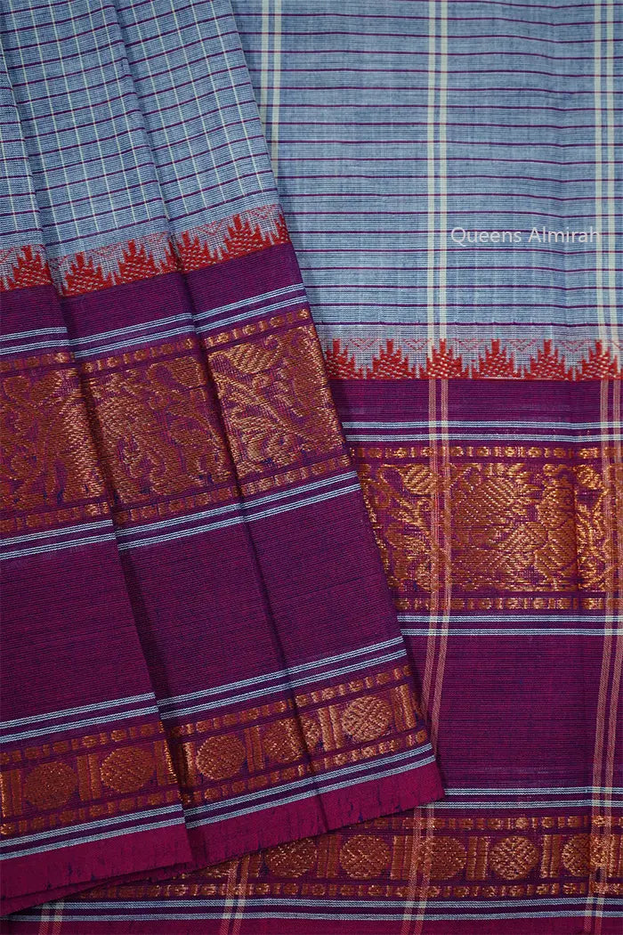ASH GREY WITH LIGHT PURPLE KANCHI COTTON SAREE - Queens Jewel Emporium