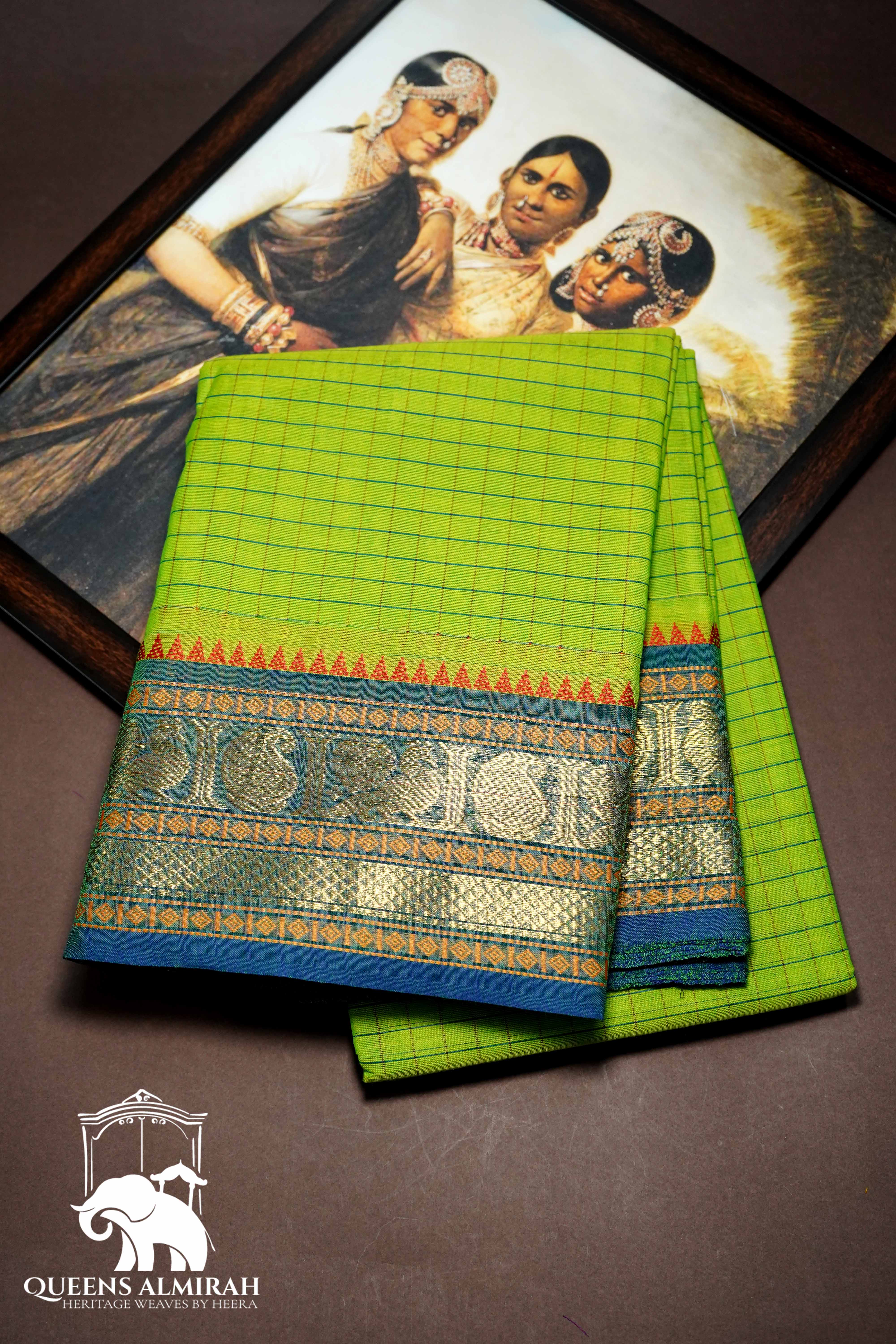 AVACADO GREEN WITH LAPIS BLUE KANCHI COTTON SAREE - Queens Jewel Emporium
