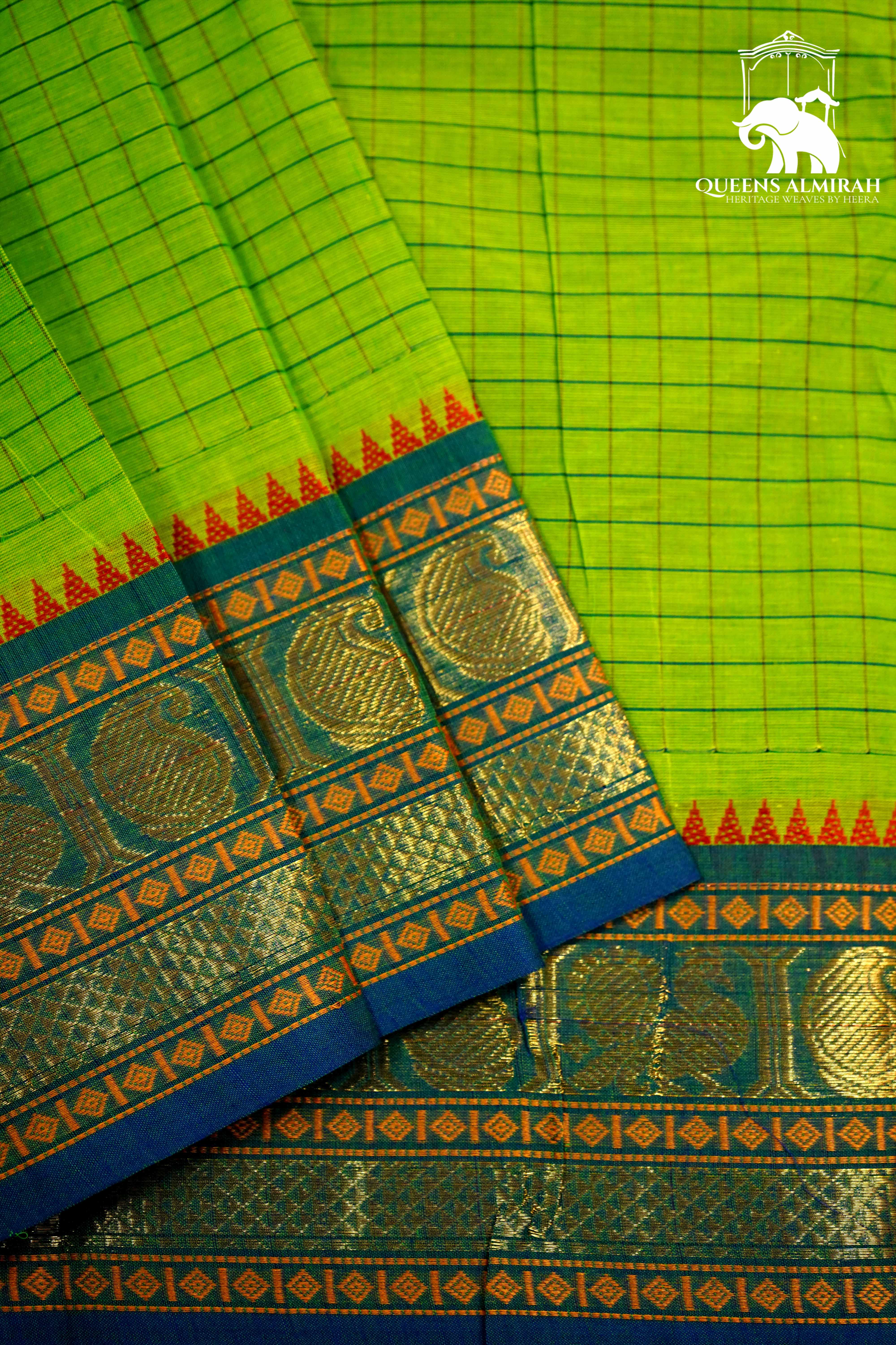 AVACADO GREEN WITH LAPIS BLUE KANCHI COTTON SAREE - Queens Jewel Emporium