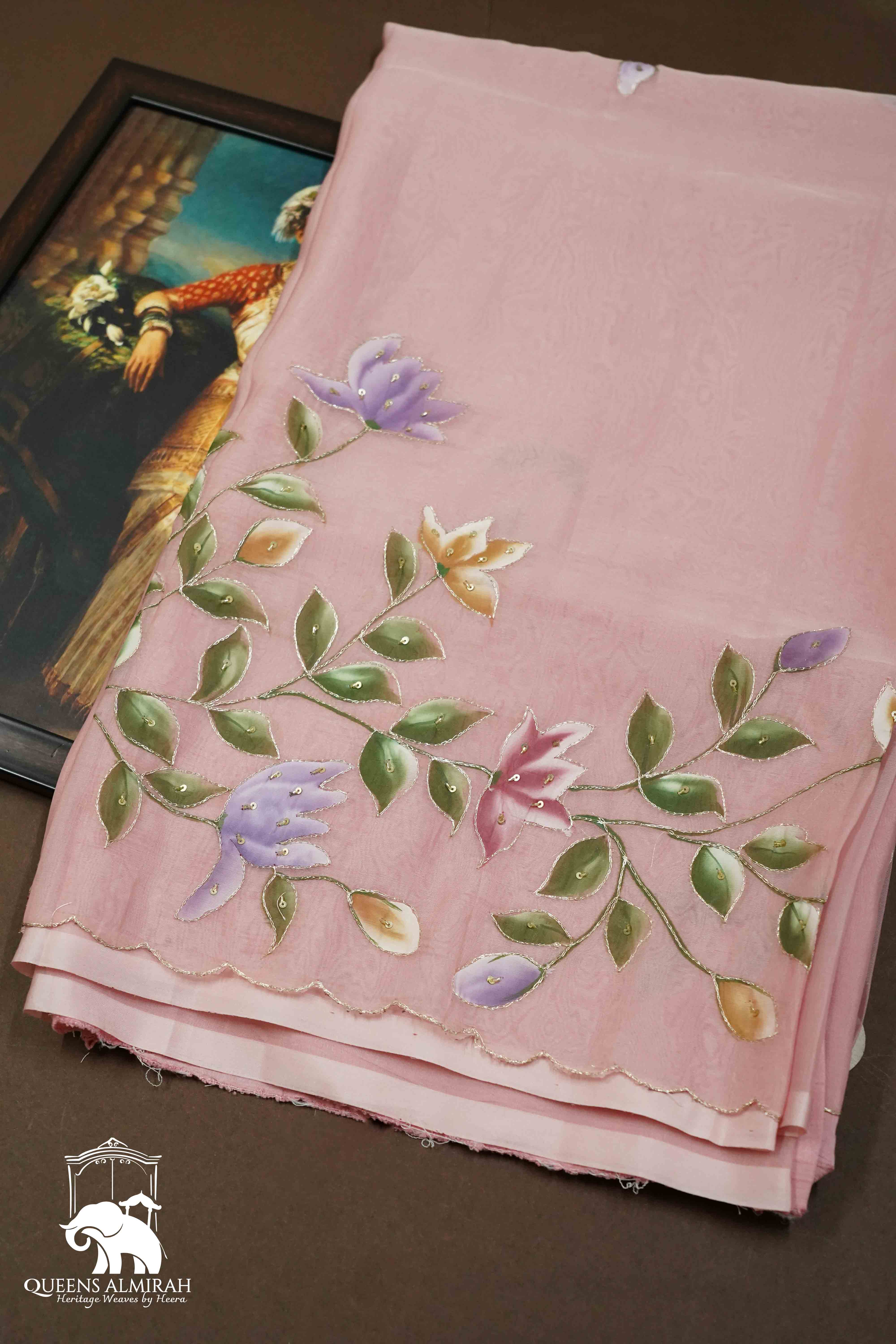 BABY PINK SILK ORGANZA SAREE - Queens Jewel Emporium