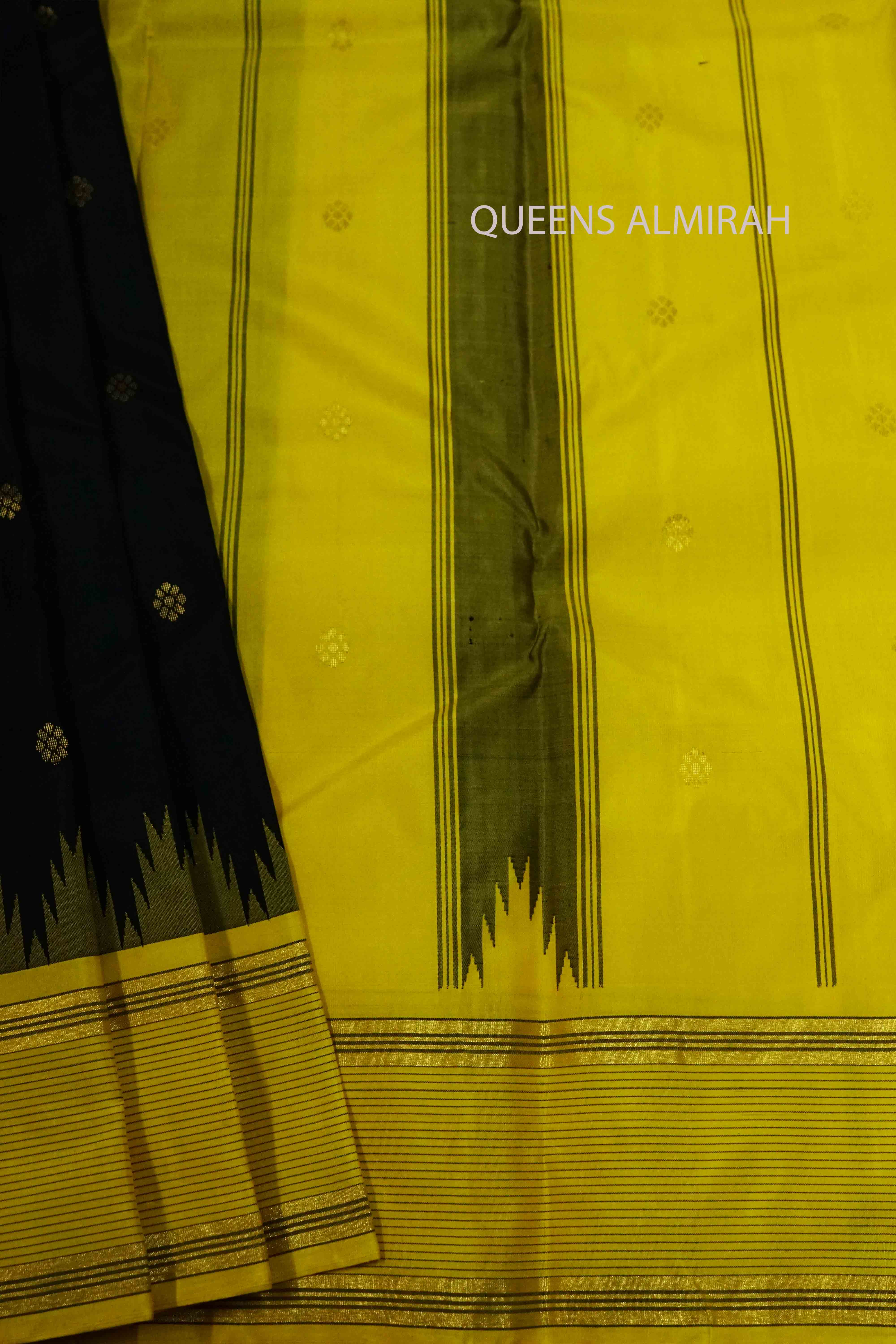 BLACK CURRENT WITH LEMON YELLOW PURE KANCHIVARAM SILK SAREE - Queens Jewel Emporium