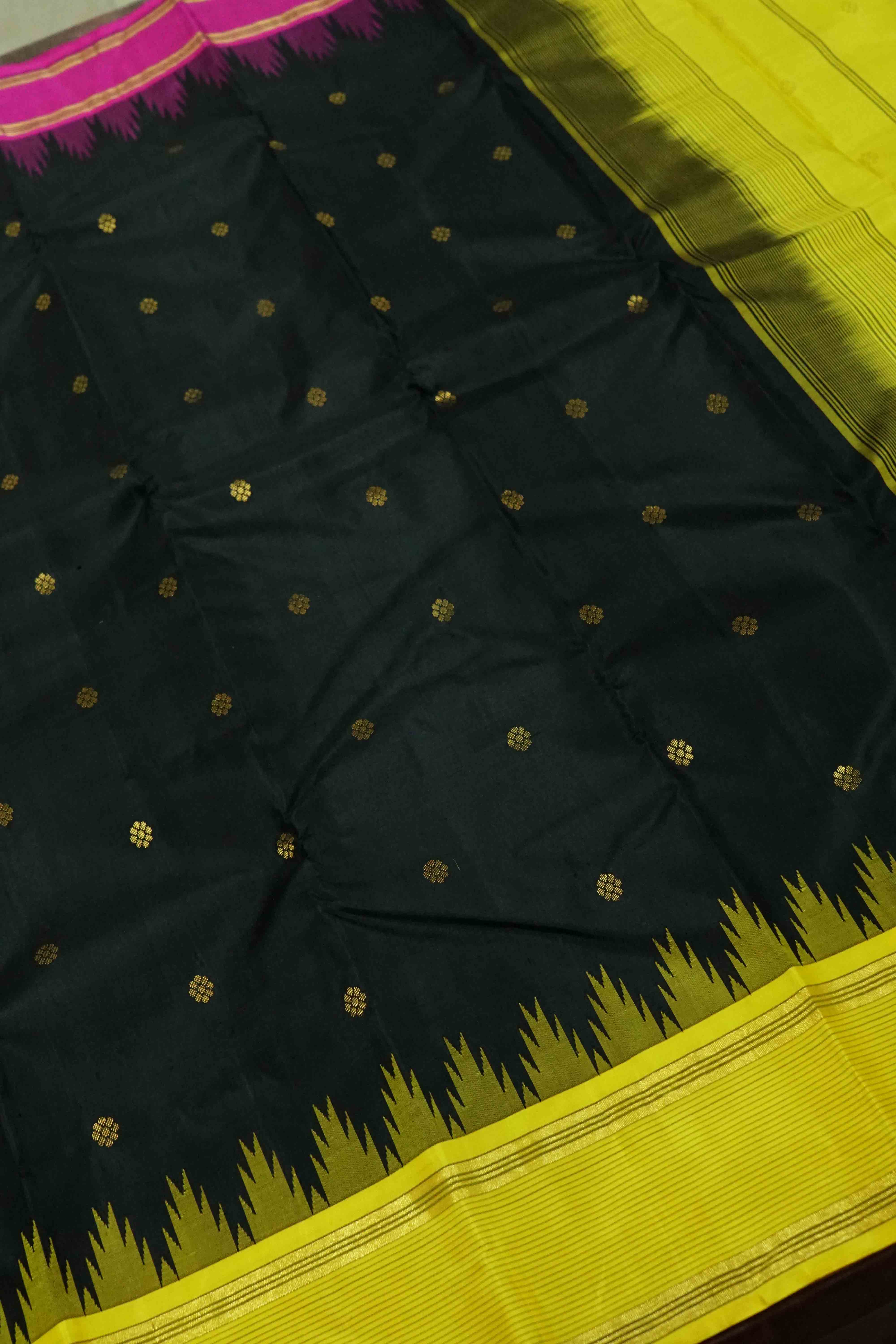 BLACK CURRENT WITH LEMON YELLOW PURE KANCHIVARAM SILK SAREE - Queens Jewel Emporium