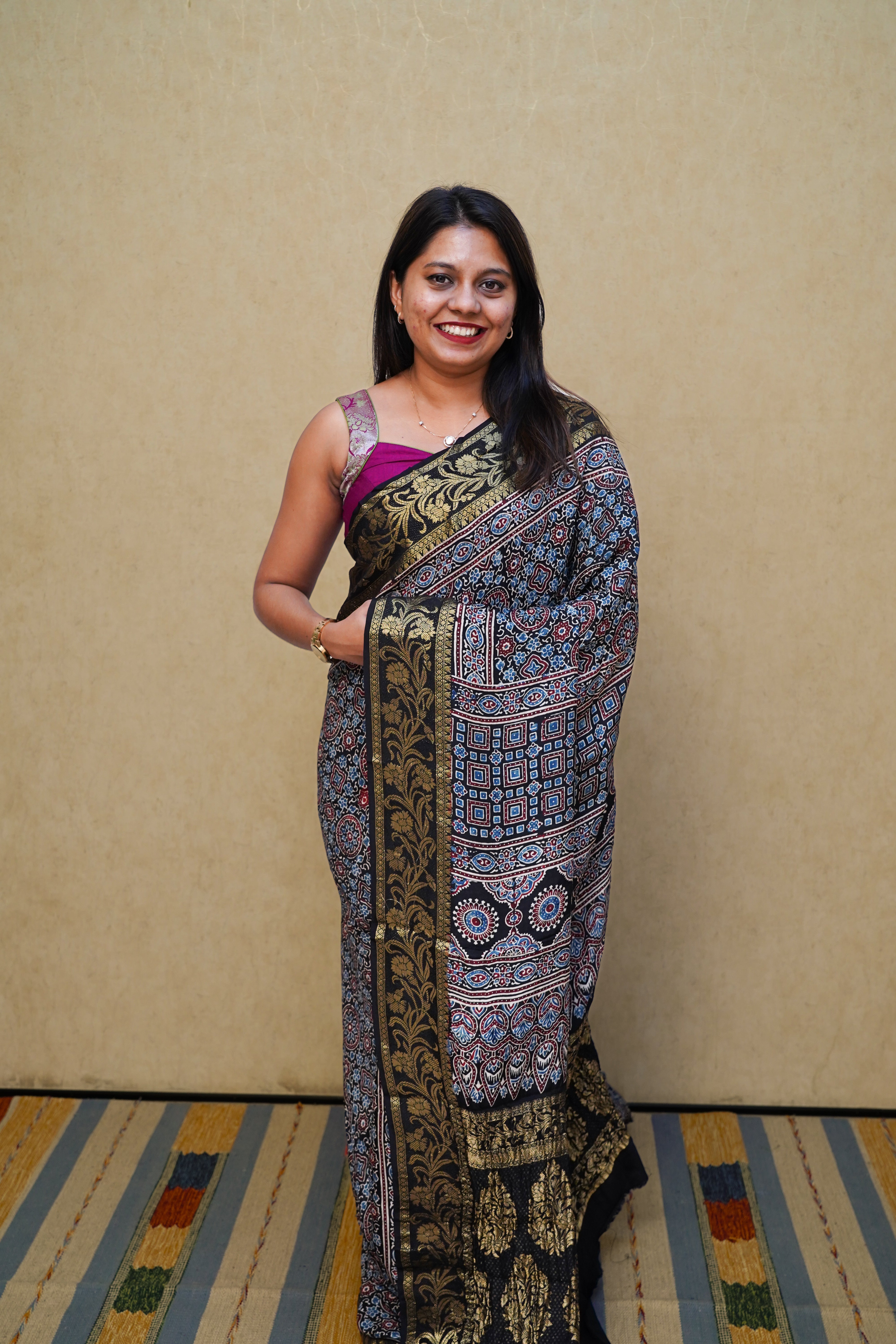 BLACK DOLA AJARAKH SILK SAREE 10 - Queens Jewel Emporium