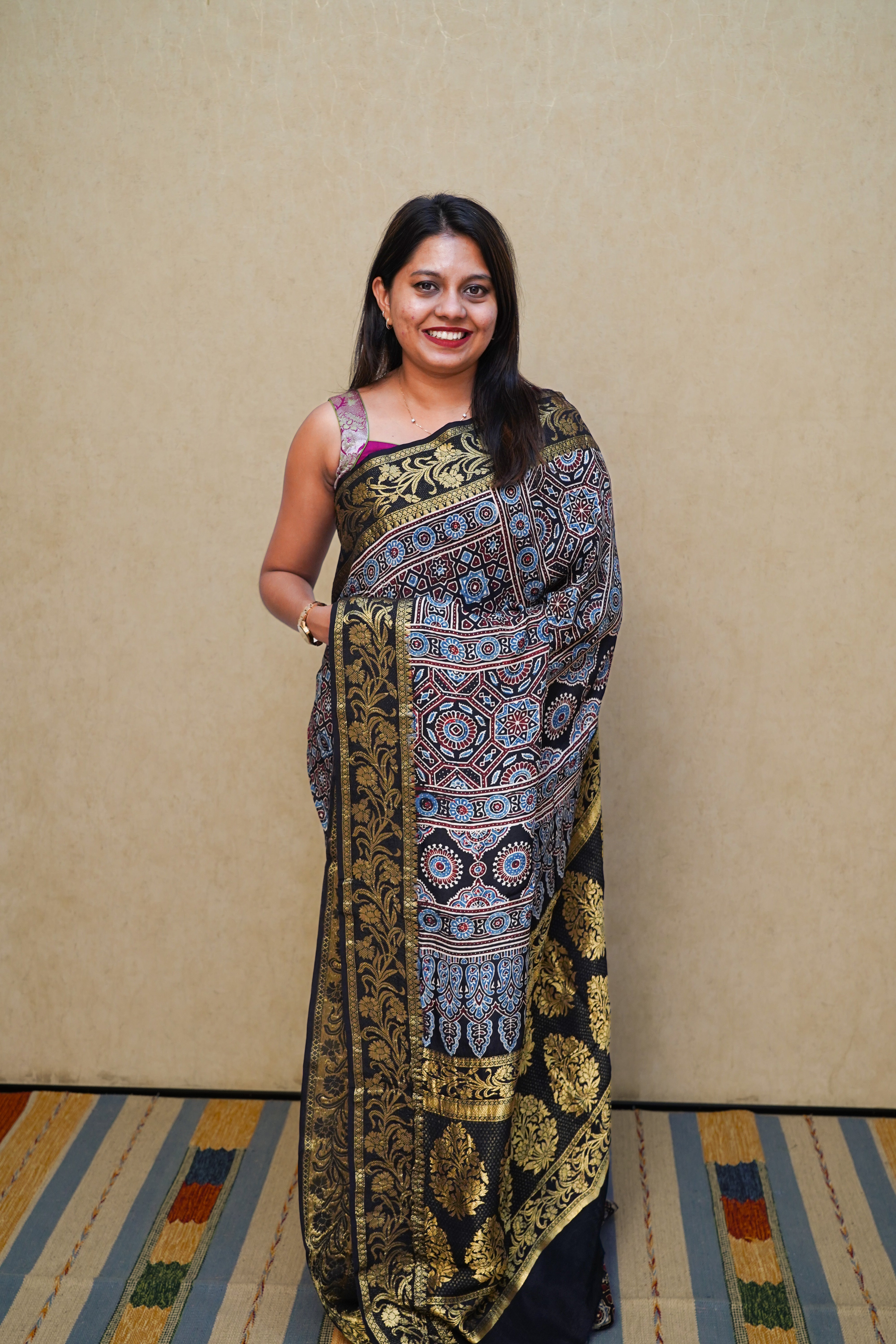 BLACK DOLA AJARAKH SILK SAREE 8 - Queens Jewel Emporium