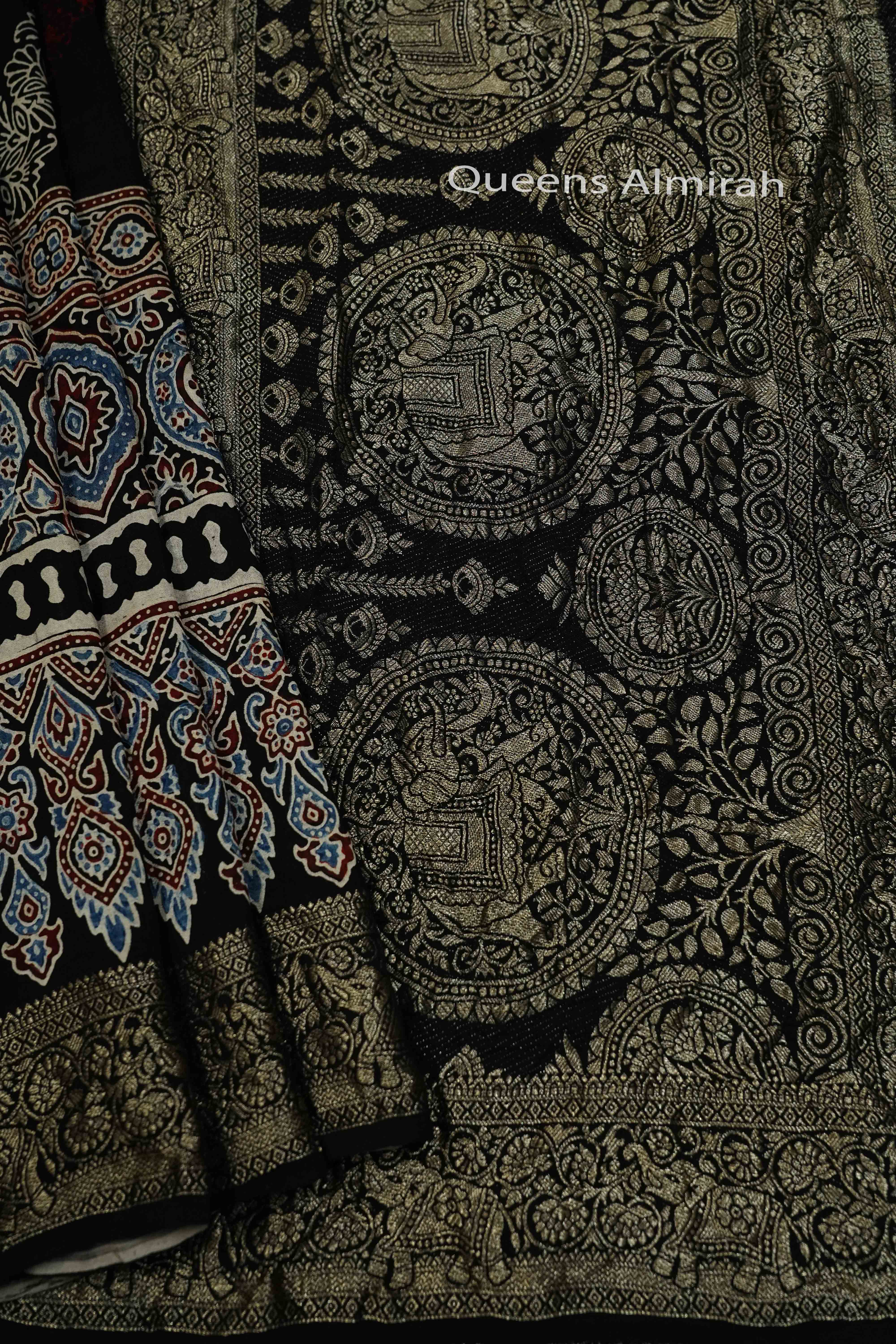 BLACK WITH MULTICOLOR DOLA AJARAKH SILK SAREE 4 - Queens Jewel Emporium